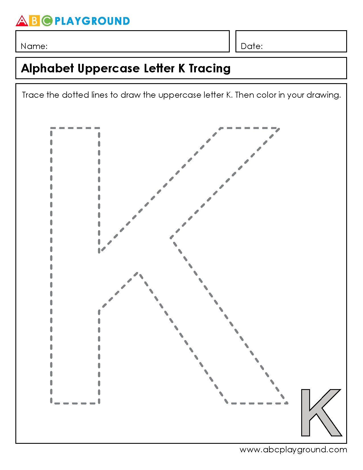 Uppercase Letter K Tracing and Coloring Worksheet