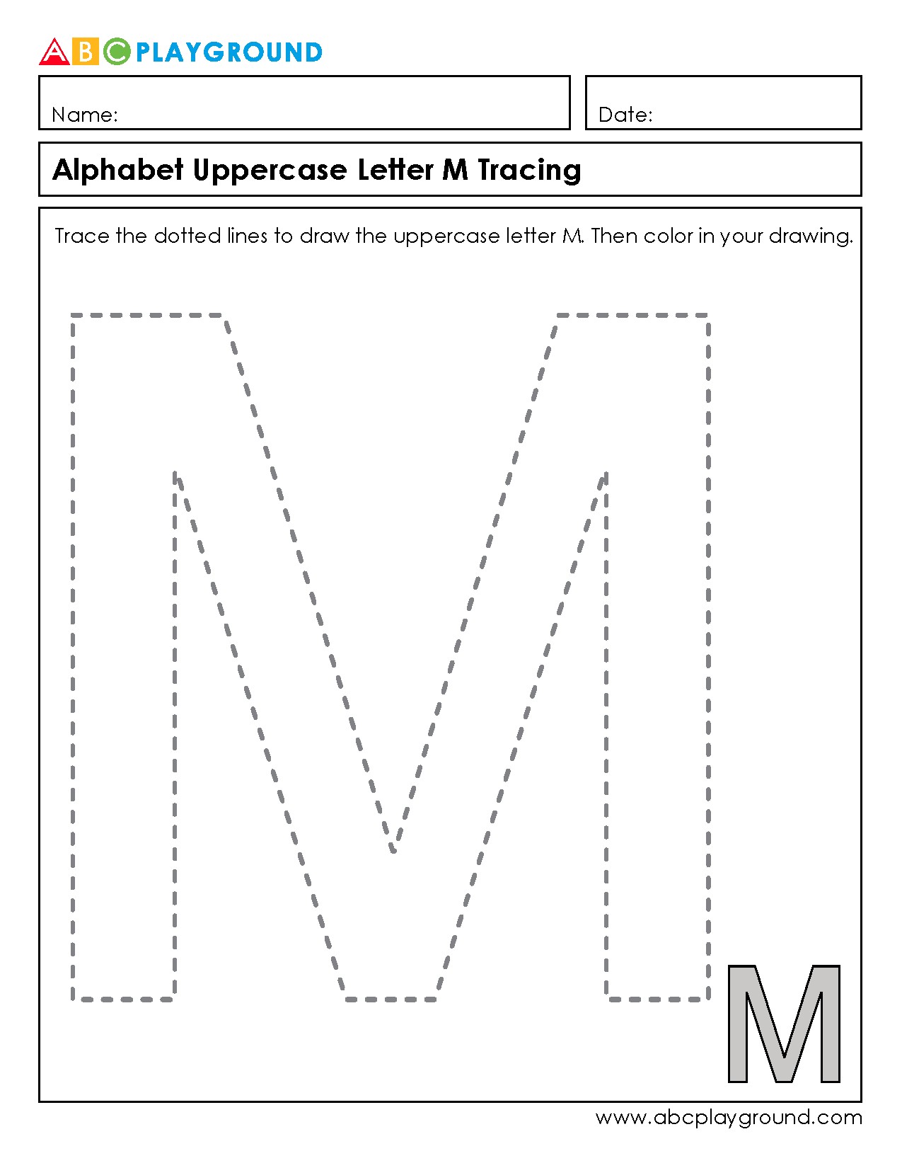Uppercase Letter M Tracing and Coloring Worksheet