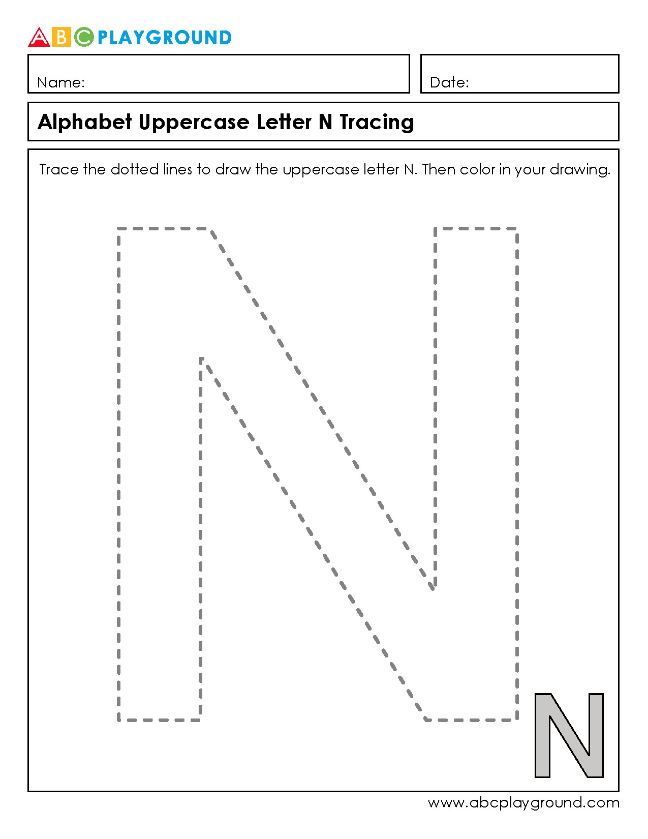 Uppercase Letter N Tracing and Coloring Worksheet