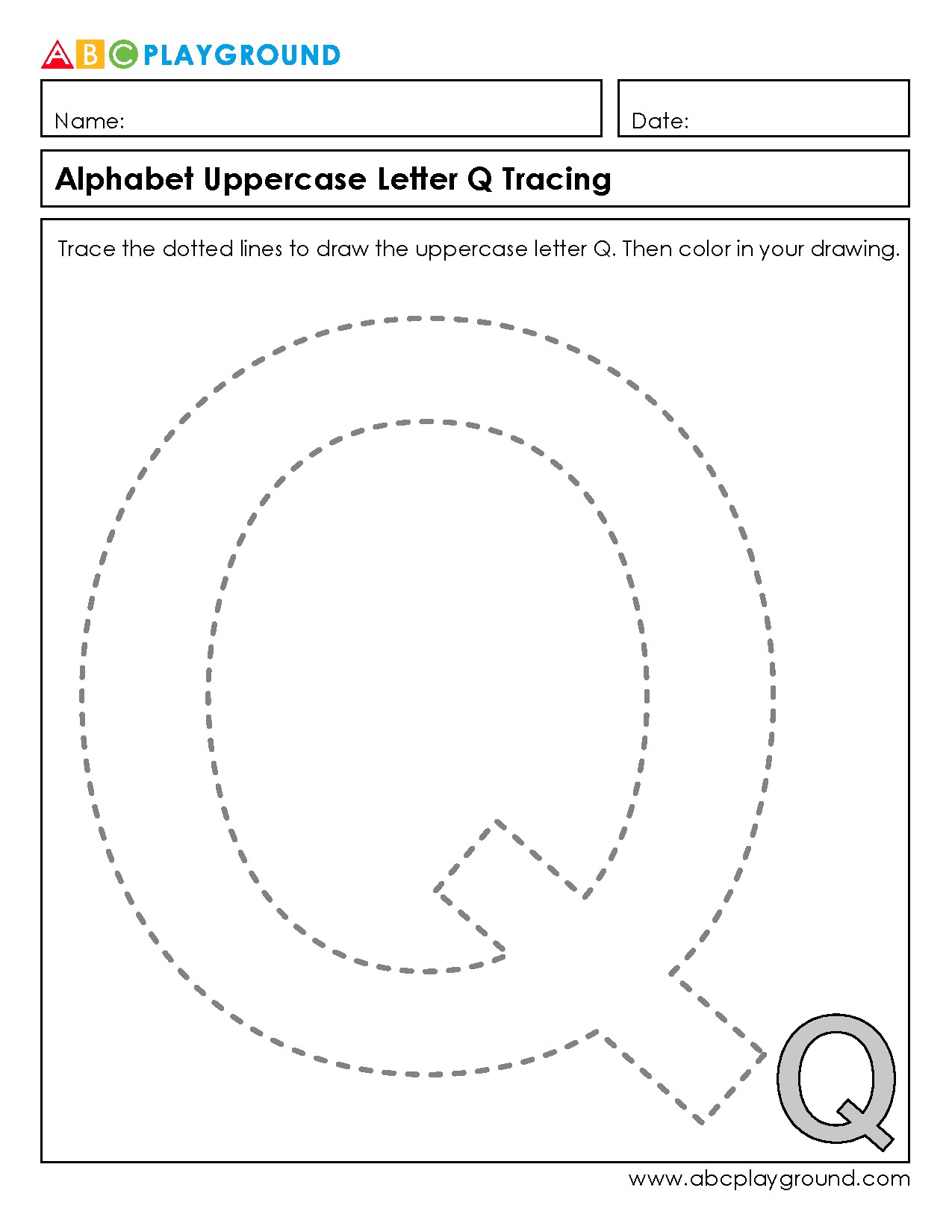 Uppercase Letter Q Tracing and Coloring Worksheet