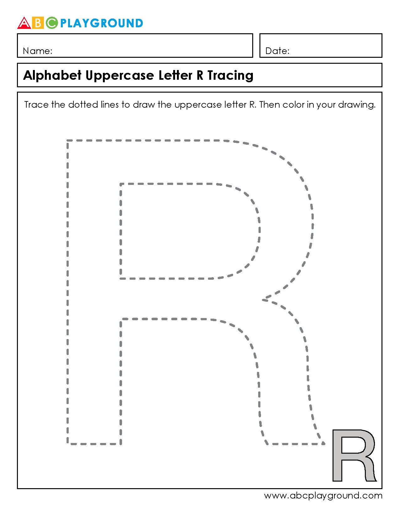Uppercase Letter R Tracing and Coloring Worksheet