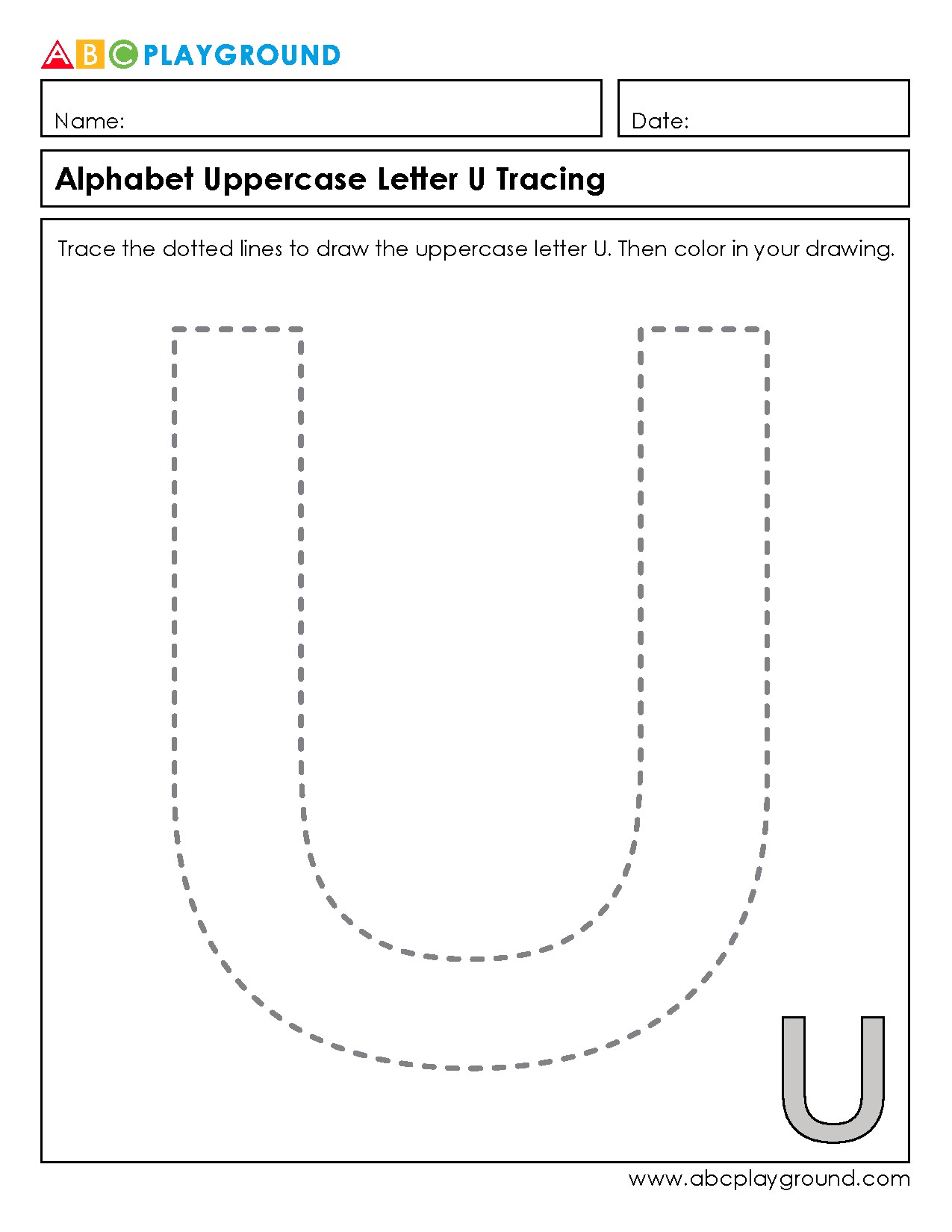 Uppercase Letter U Tracing and Coloring Worksheet