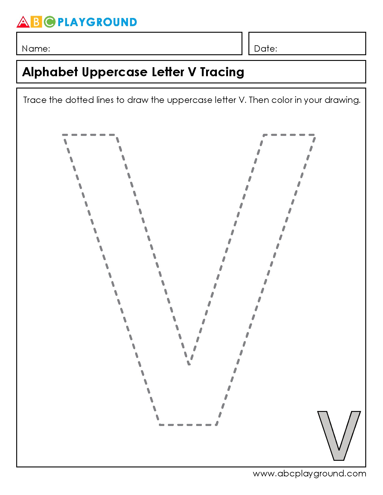Uppercase Letter V Tracing and Coloring Worksheet