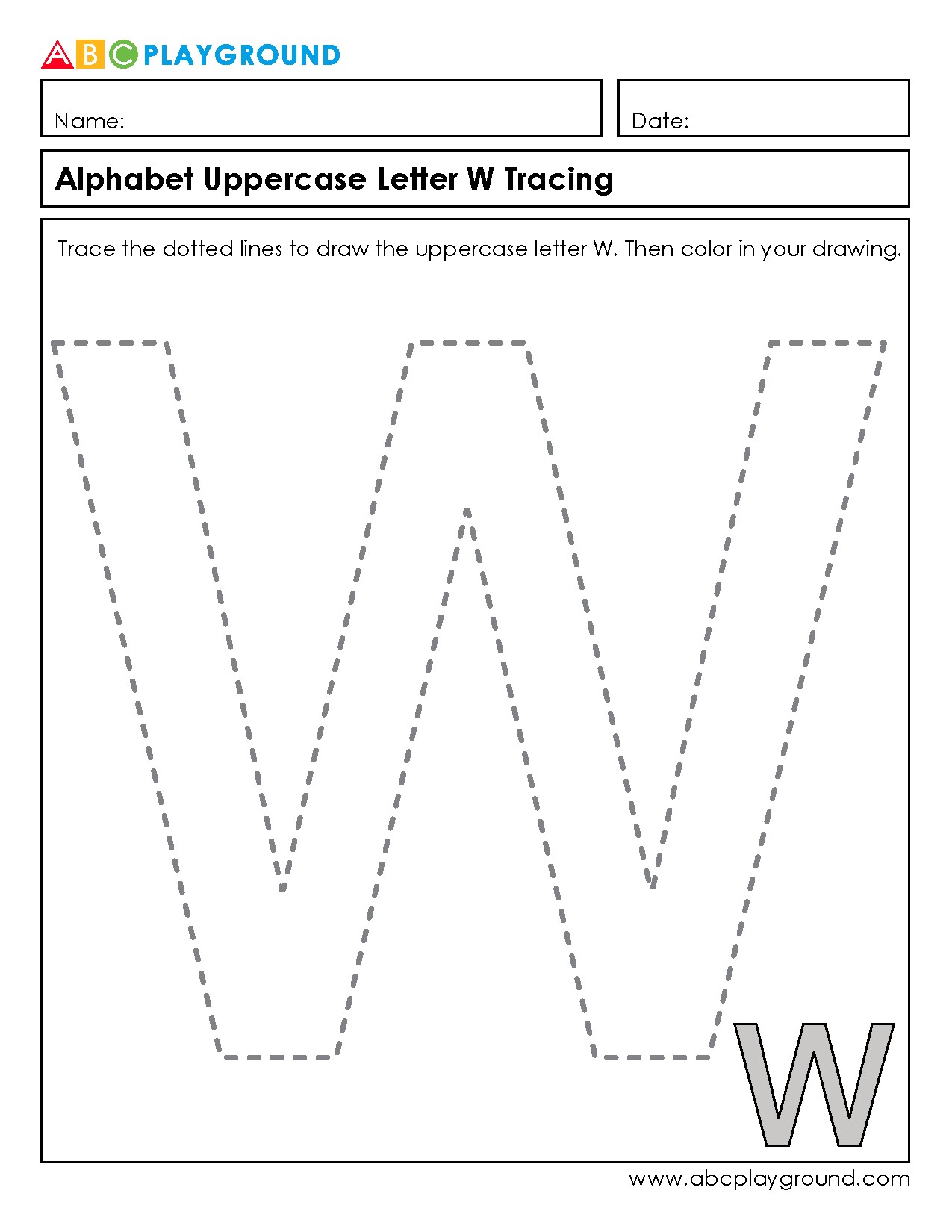 Uppercase Letter W Tracing and Coloring Worksheet