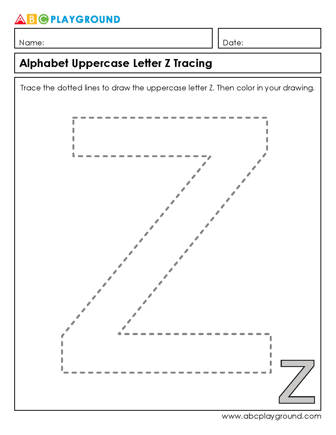Uppercase Letter Z Tracing Worksheet for Early Learners