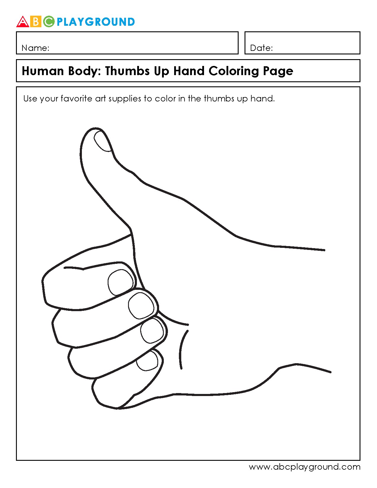 Human Body Thumbs Up Hand Coloring Page for Kids