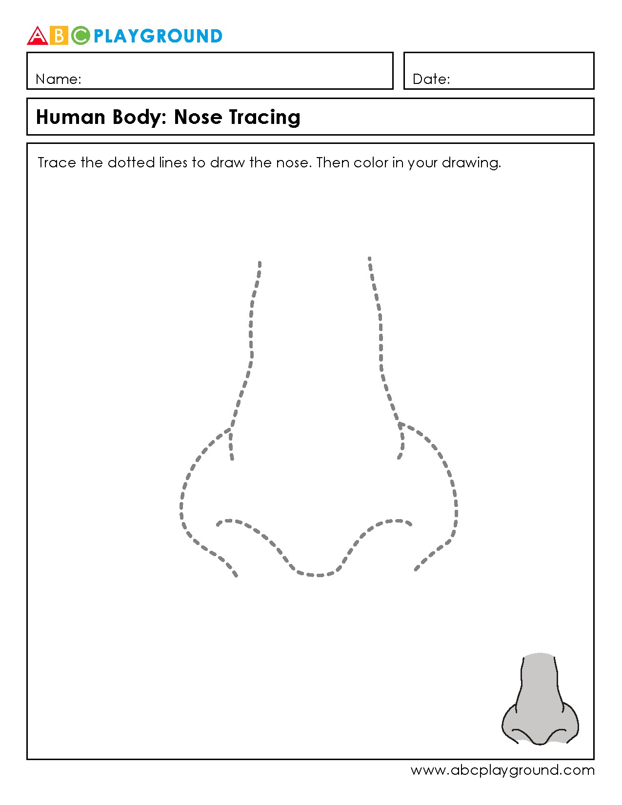 Human Body Nose Tracing and Coloring Worksheet