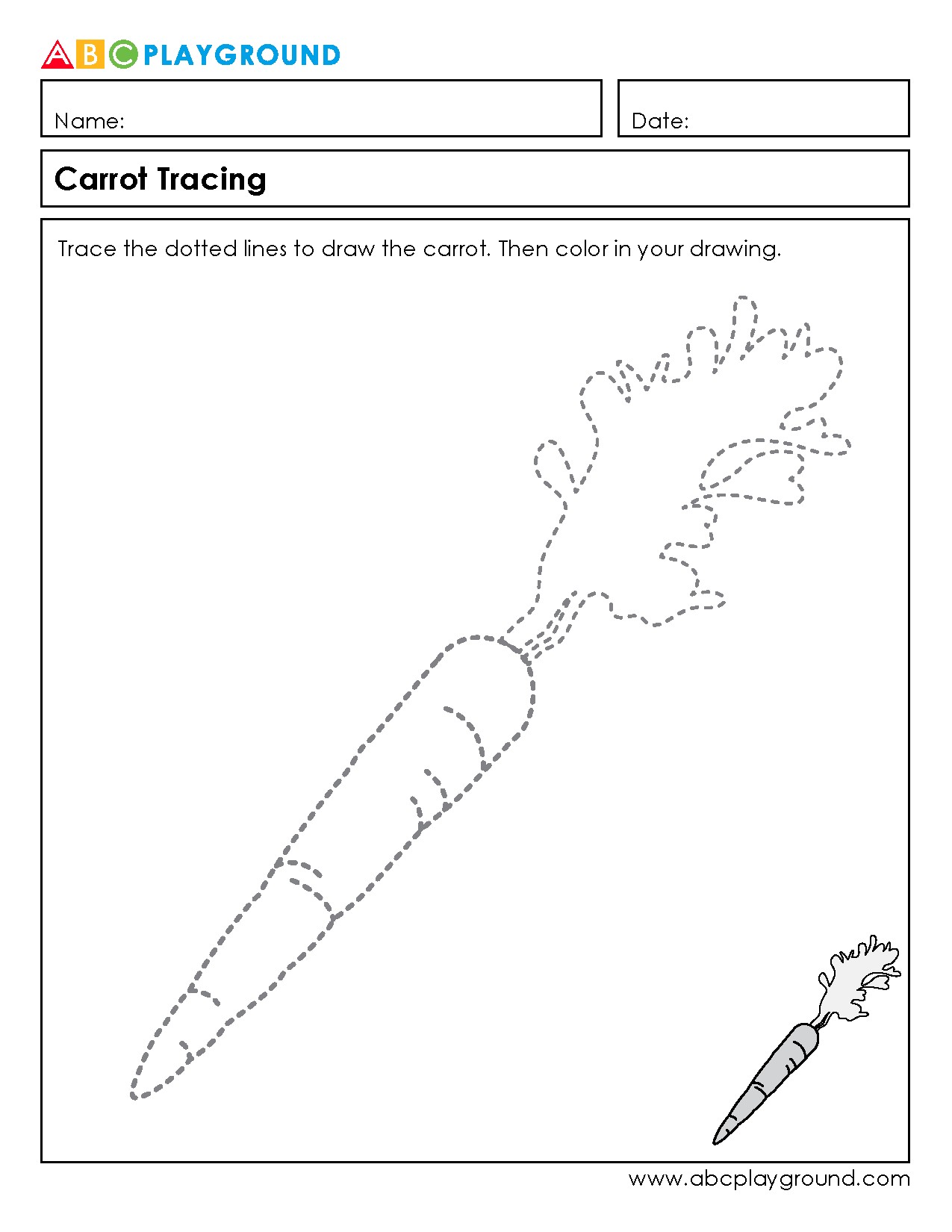 Carrot Tracing and Coloring Worksheet for Early Writers
