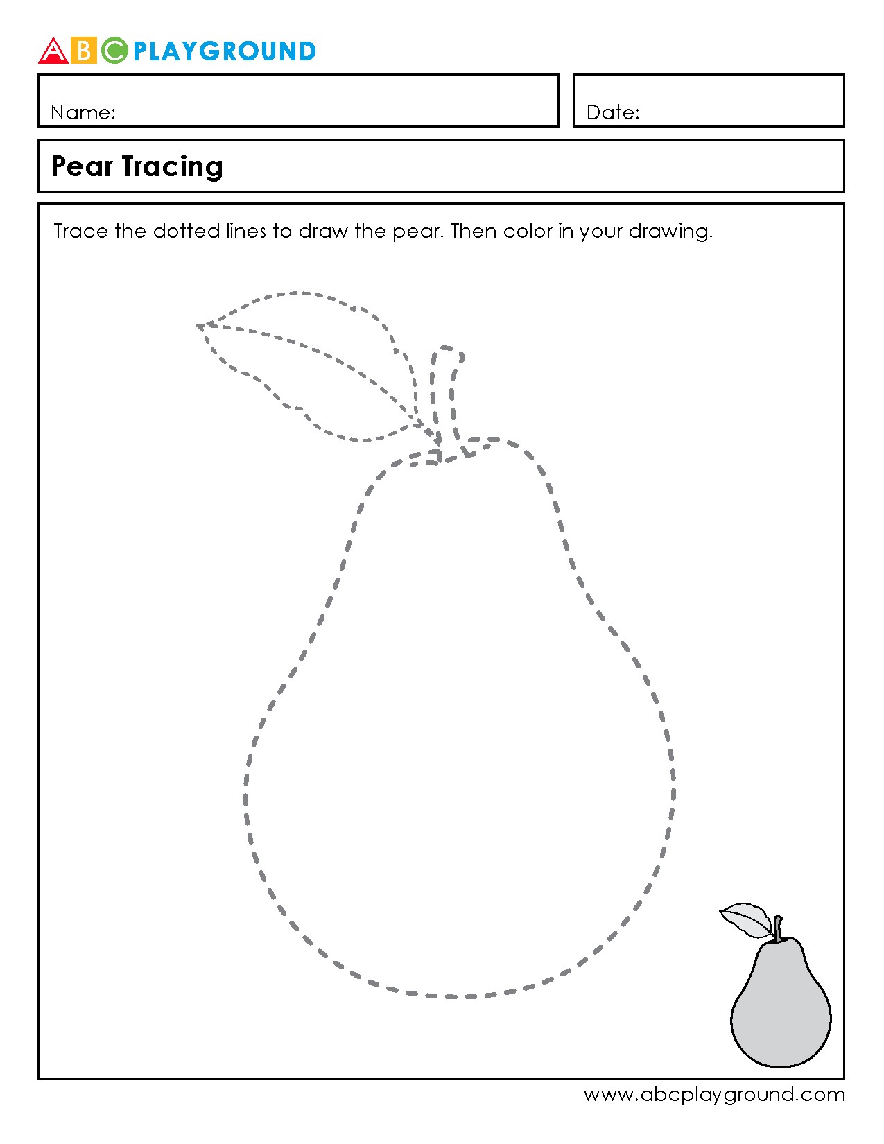 Pear Tracing and Coloring Worksheet for Early Learners