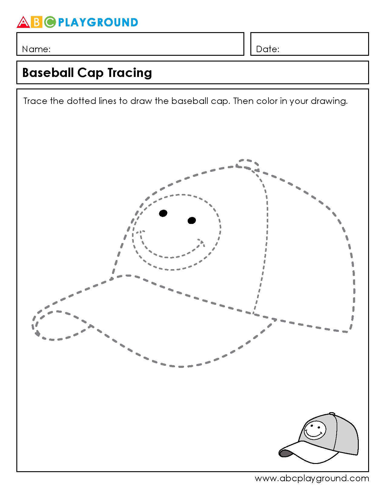 Baseball Cap Tracing and Coloring Activity