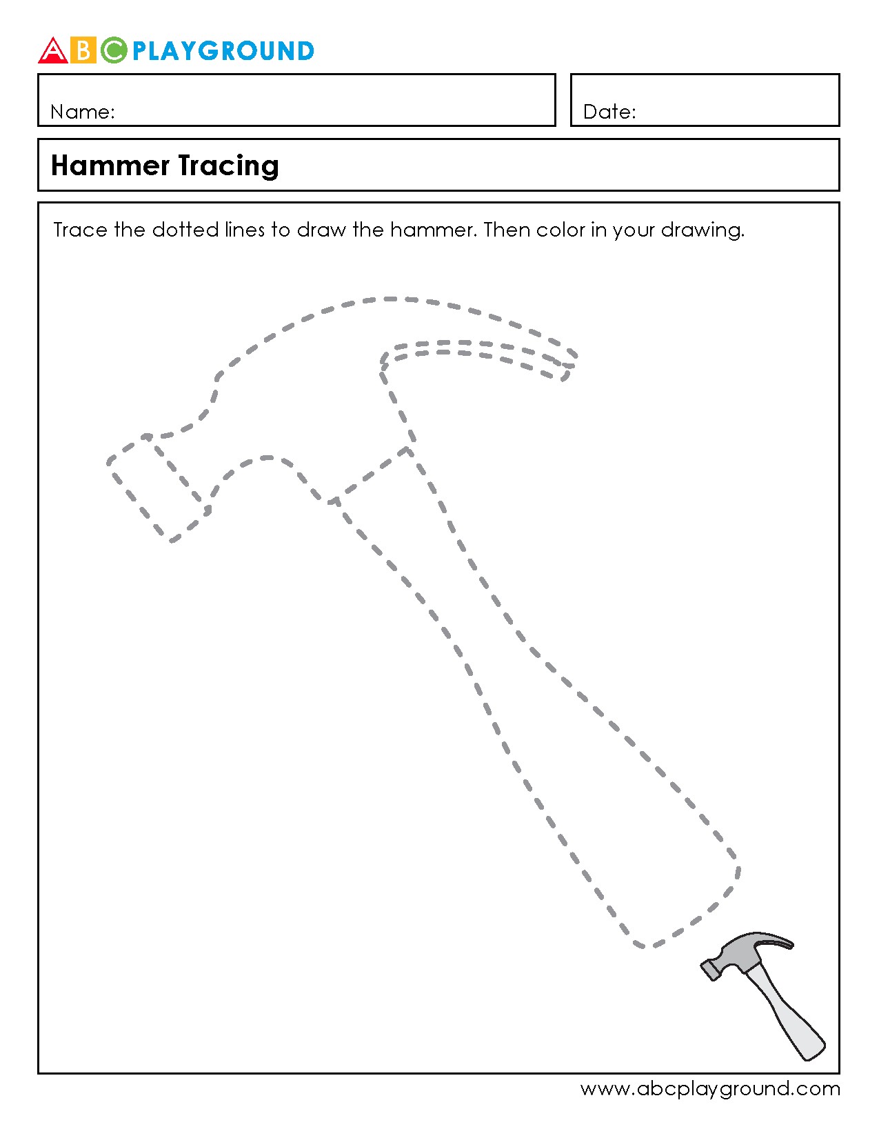 Hammer Tracing Worksheet for Fine Motor Skills