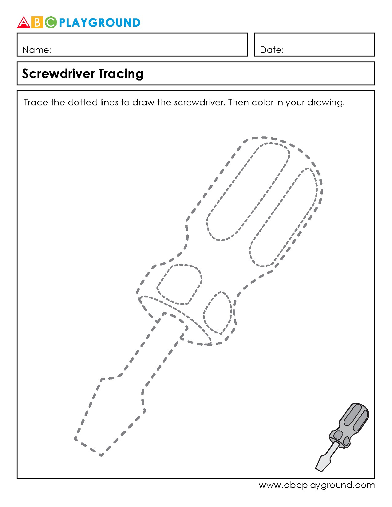 Screwdriver Tracing and Coloring Worksheet