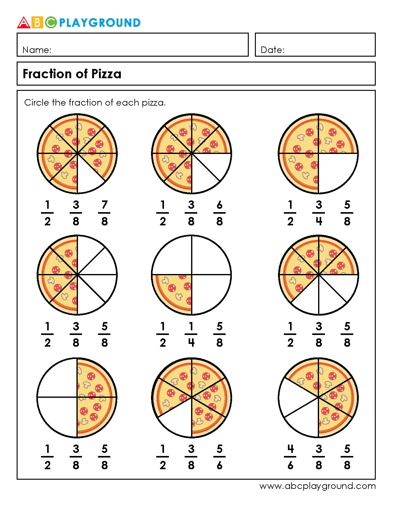 Circle the Fraction of Each Pizza Worksheet
