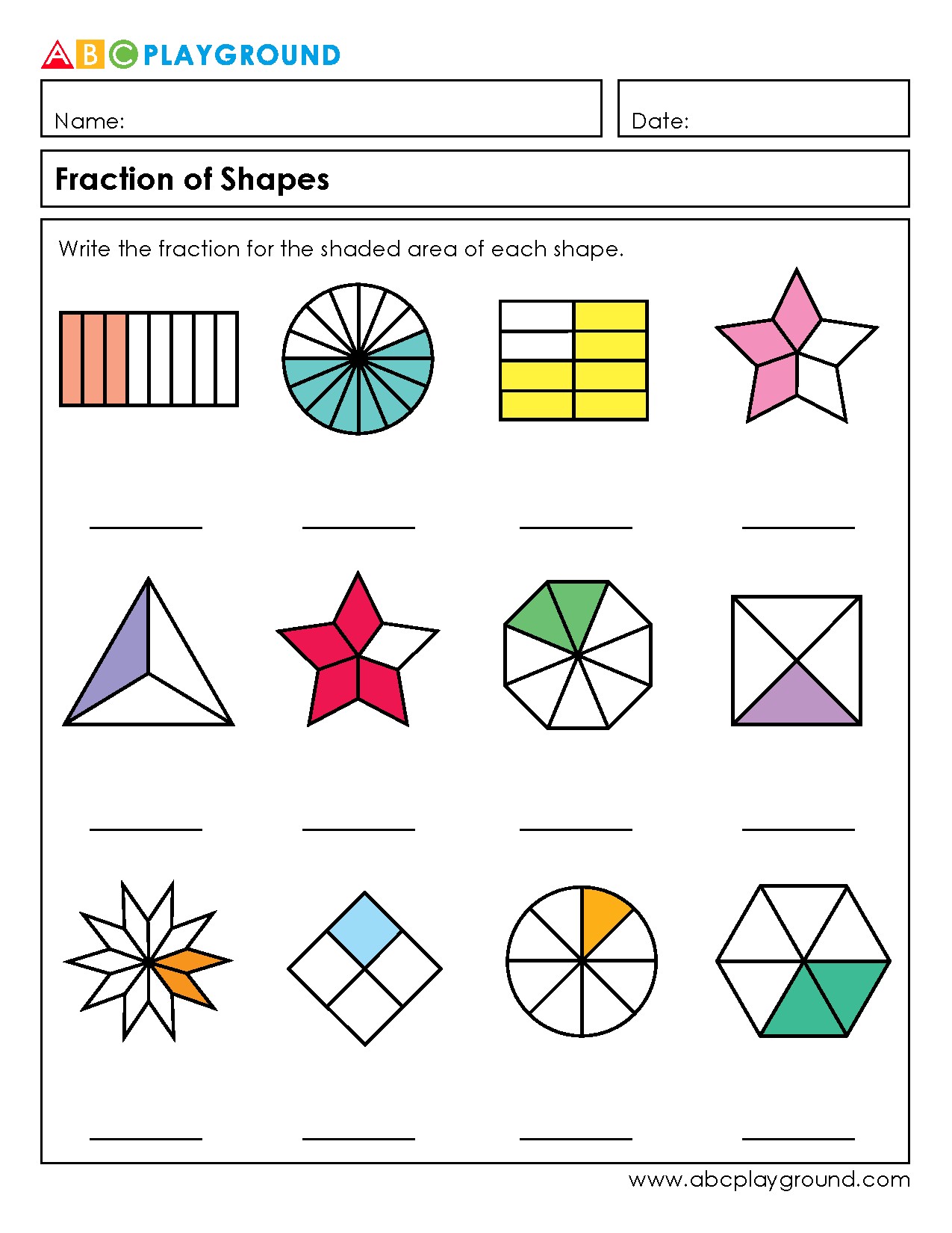 Fraction of Shapes: Identify Shaded Areas as Fractions