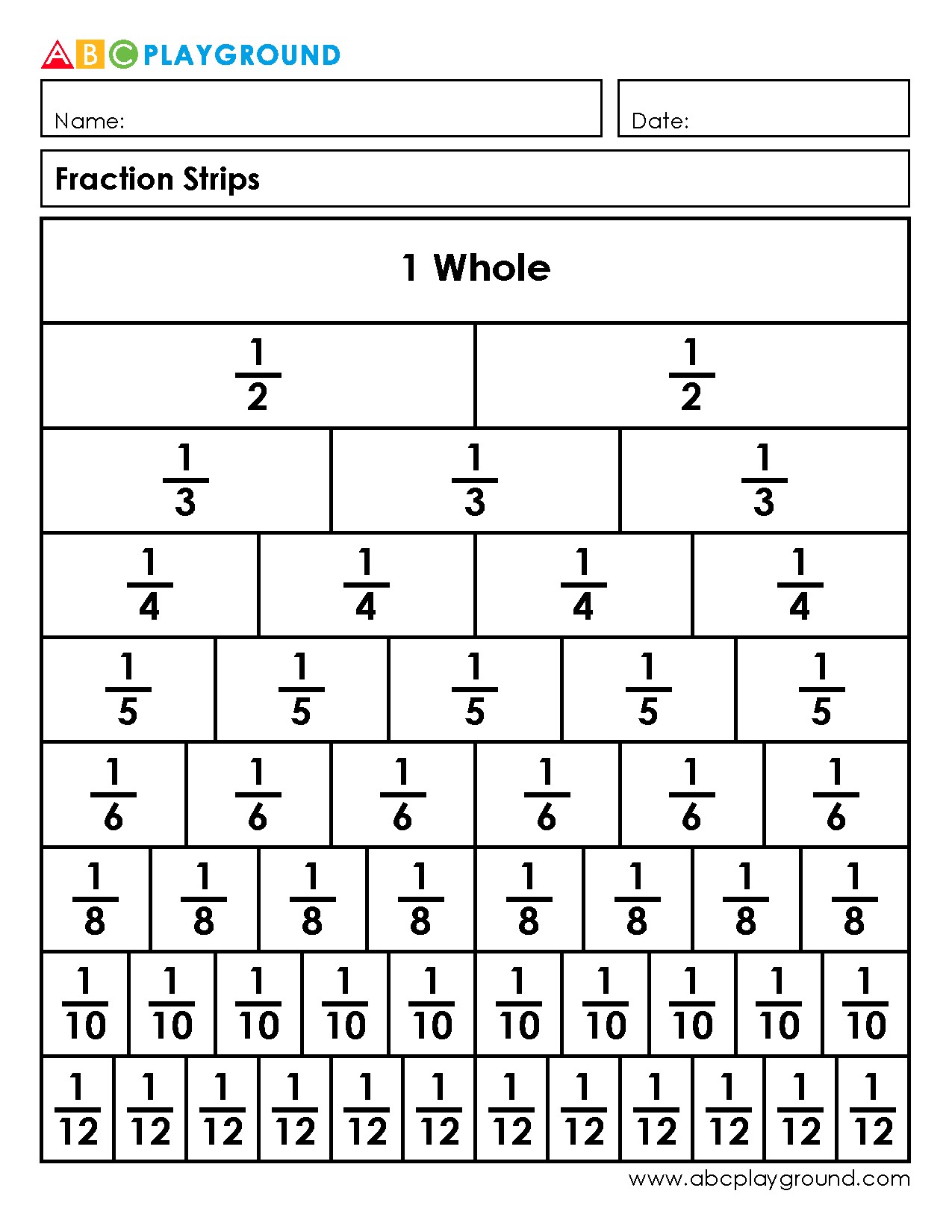 Printable Fraction Strips for Visual Fraction Learning