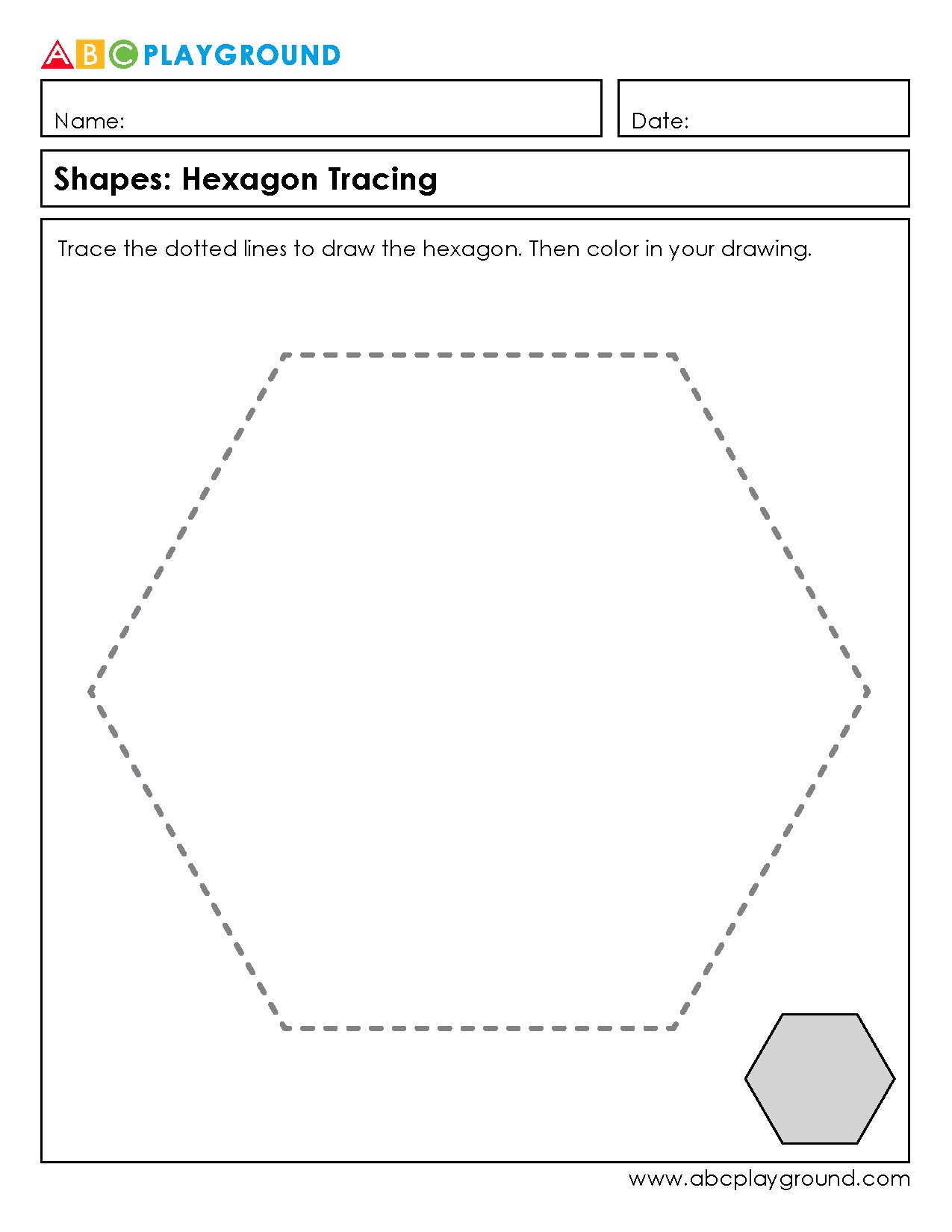 Hexagon Tracing and Coloring Worksheet for Shape Recognition