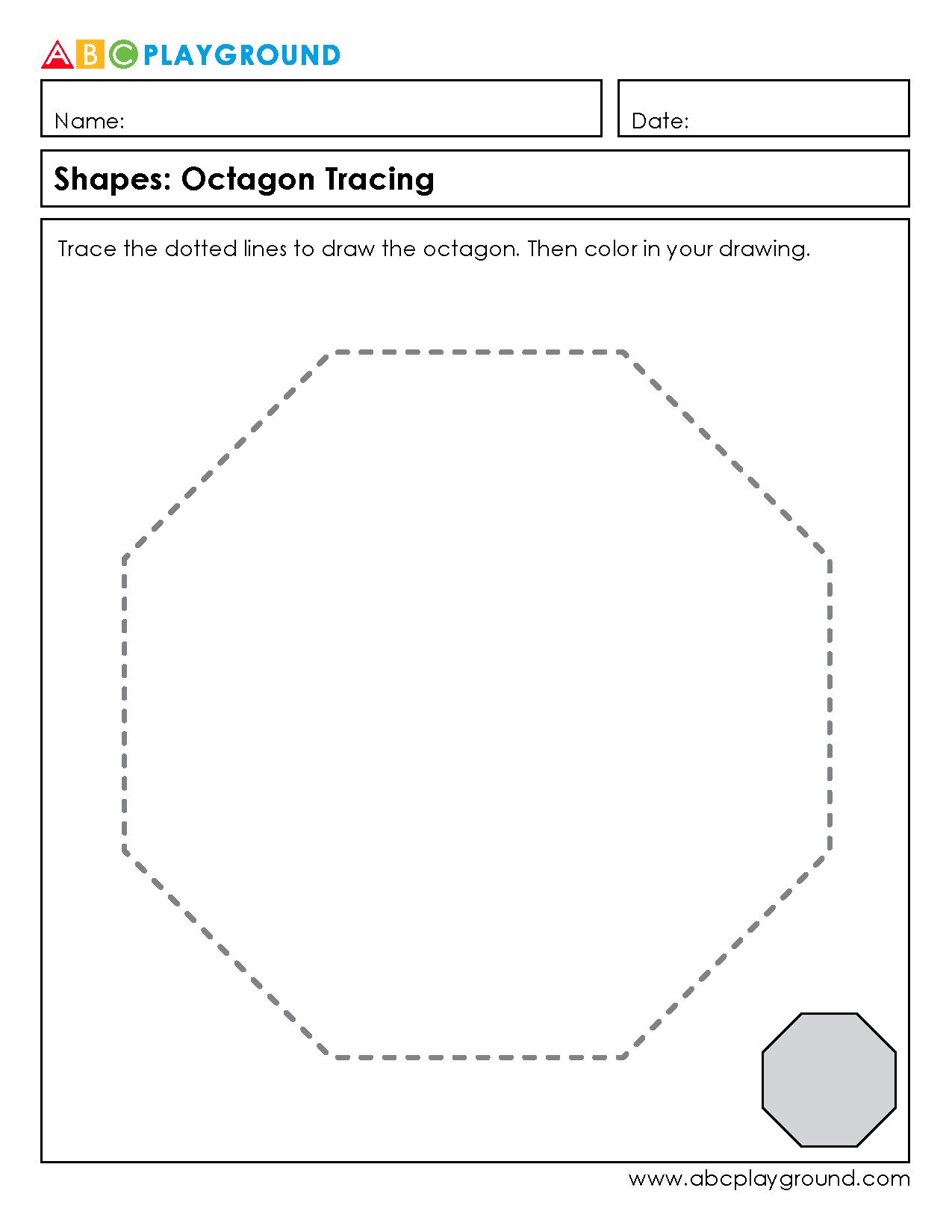 Octagon Tracing and Coloring Worksheet for Shape Recognition