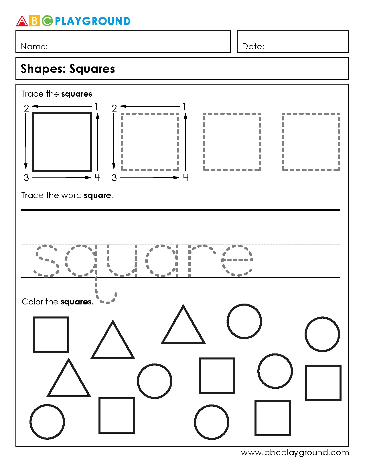 Trace and Color Squares Shape Worksheet
