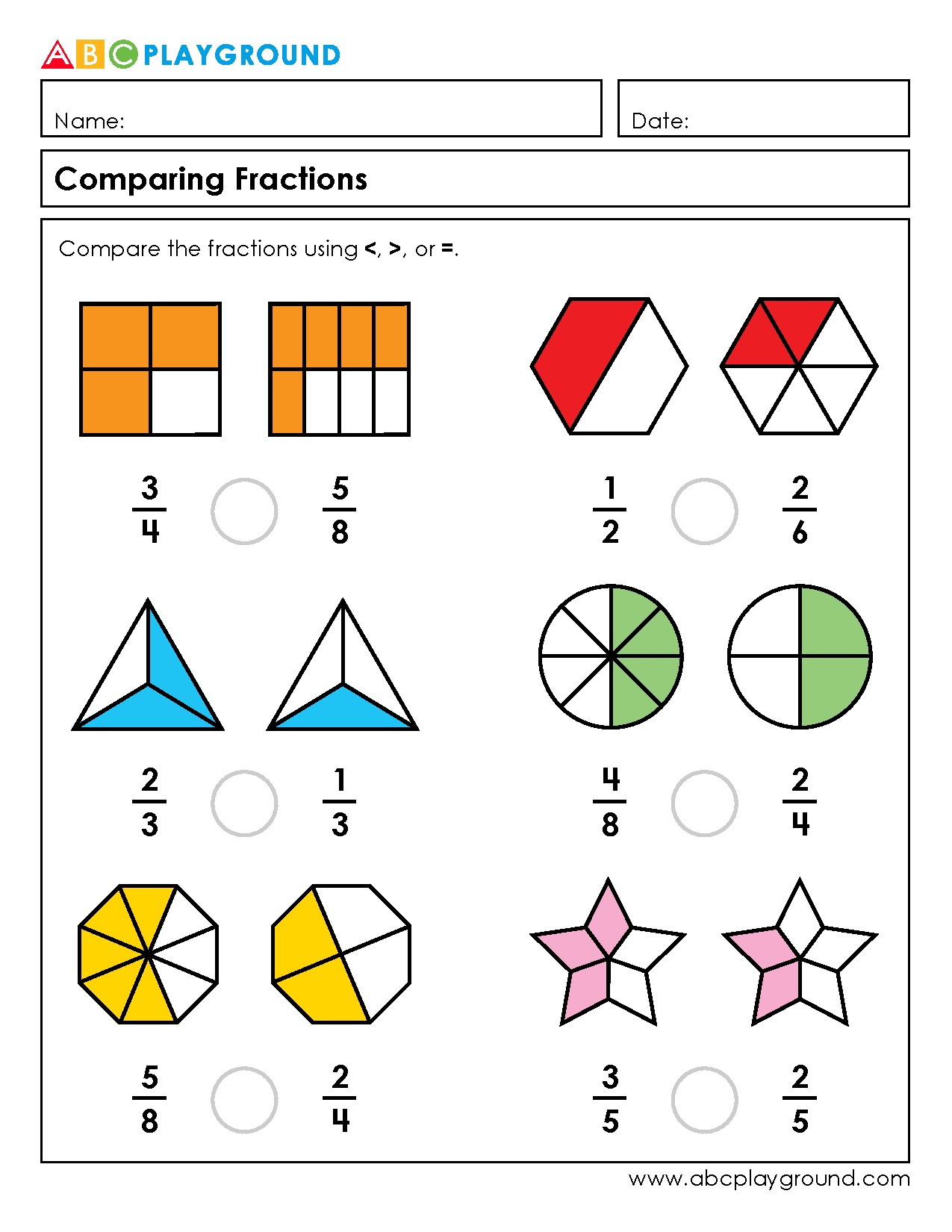 Compare Fractions Using Symbols <, >, and =