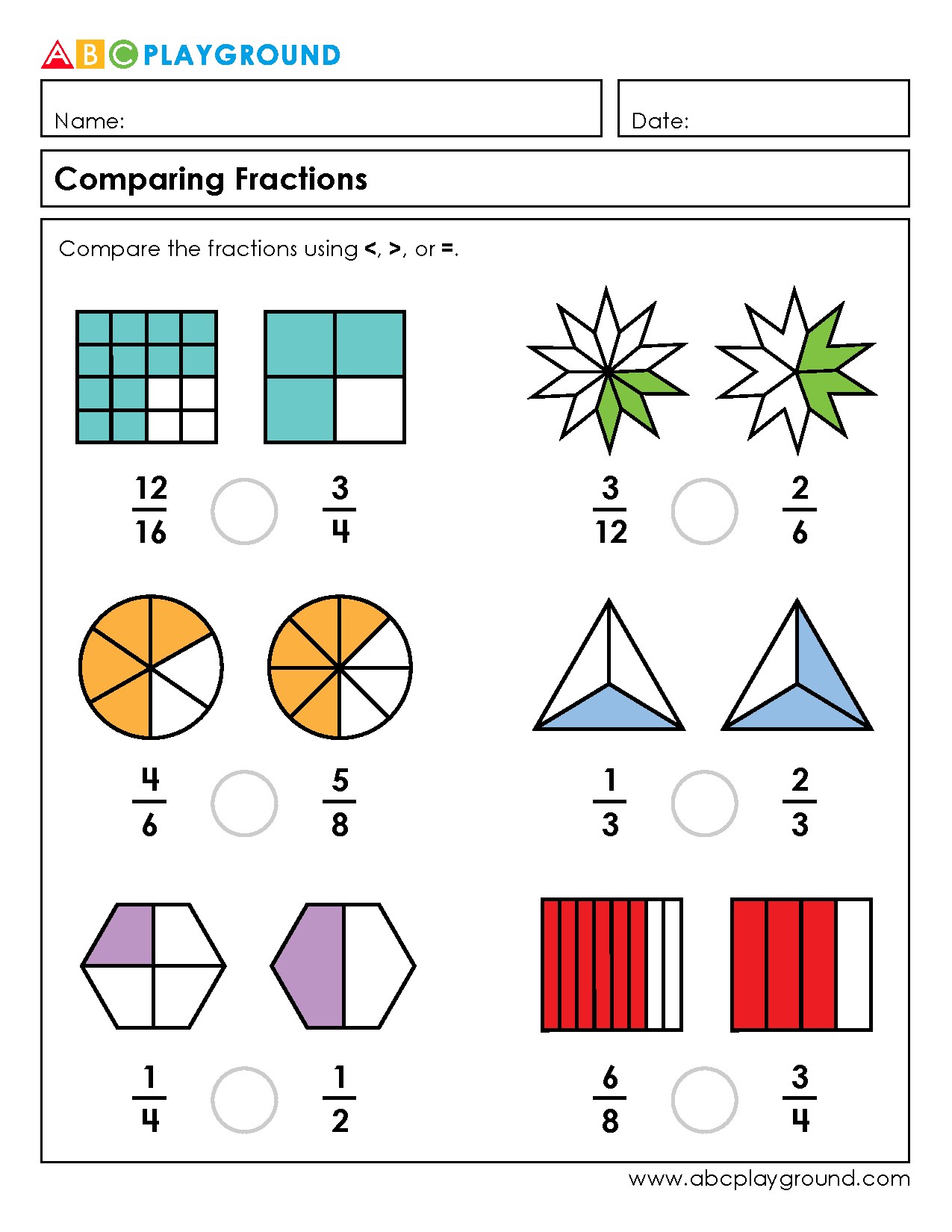 Comparing Fractions Practice Worksheet with Visual Aids