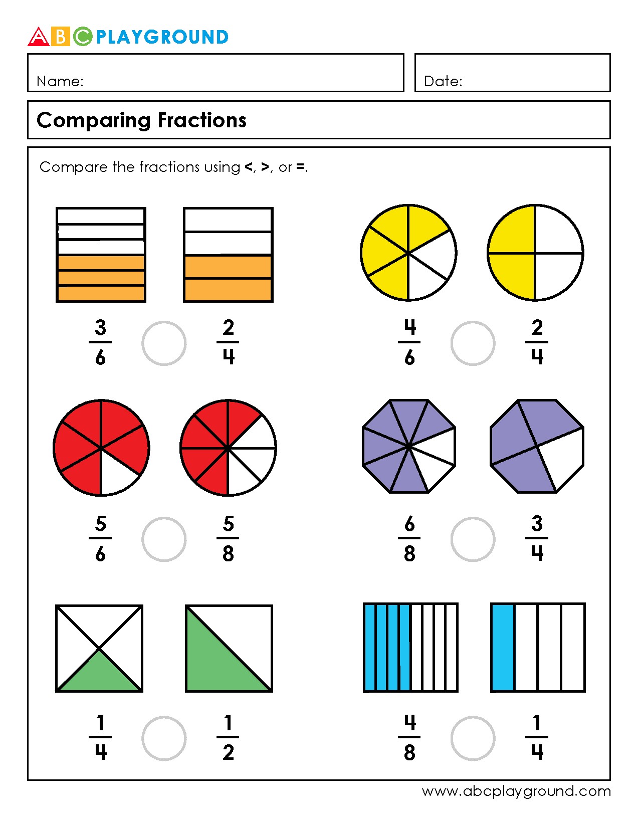 Worksheet for Comparing Fractions Using Symbols