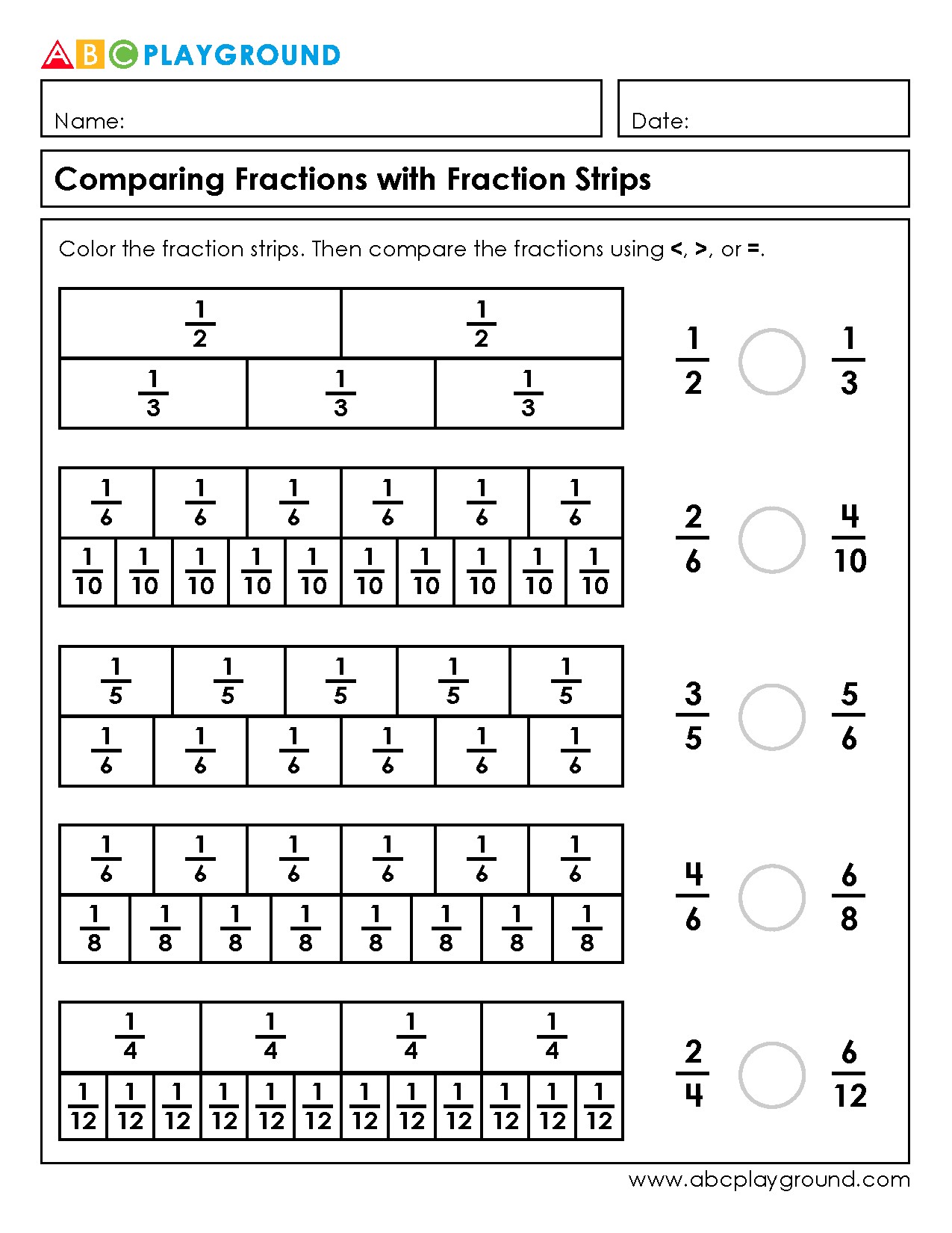 Comparing Fractions Using Fraction Strips Worksheet