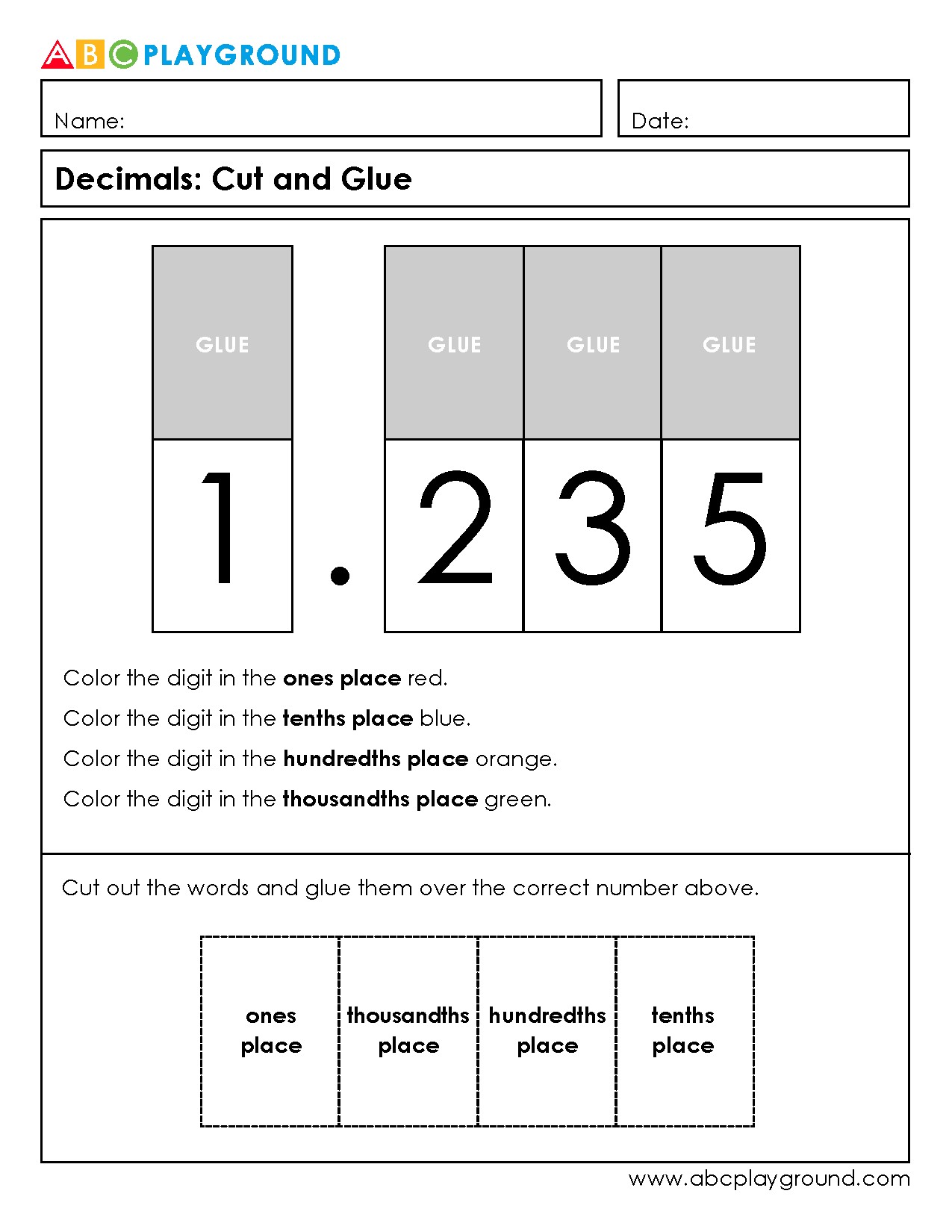 Decimals Place Value Cut and Glue Activity
