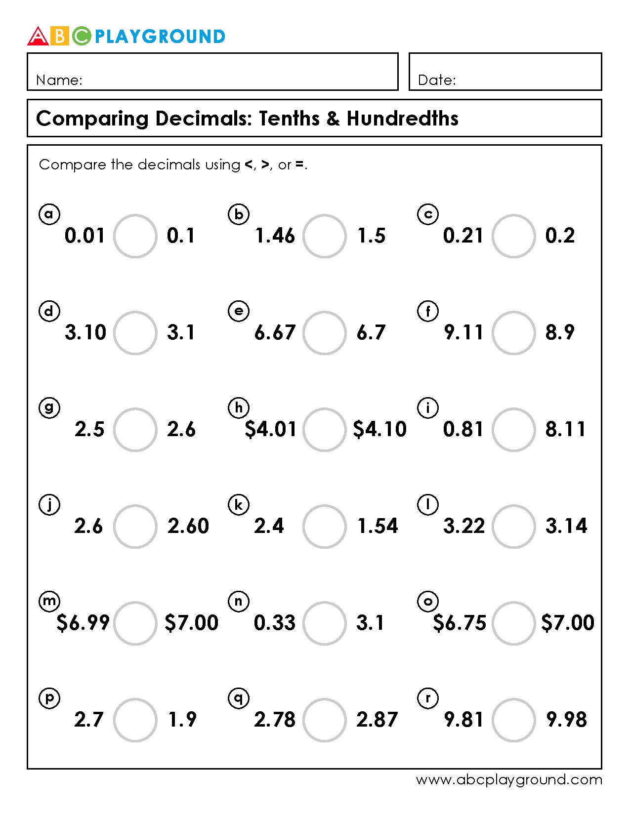 Comparing Decimals to Tenths and Hundredths Worksheet