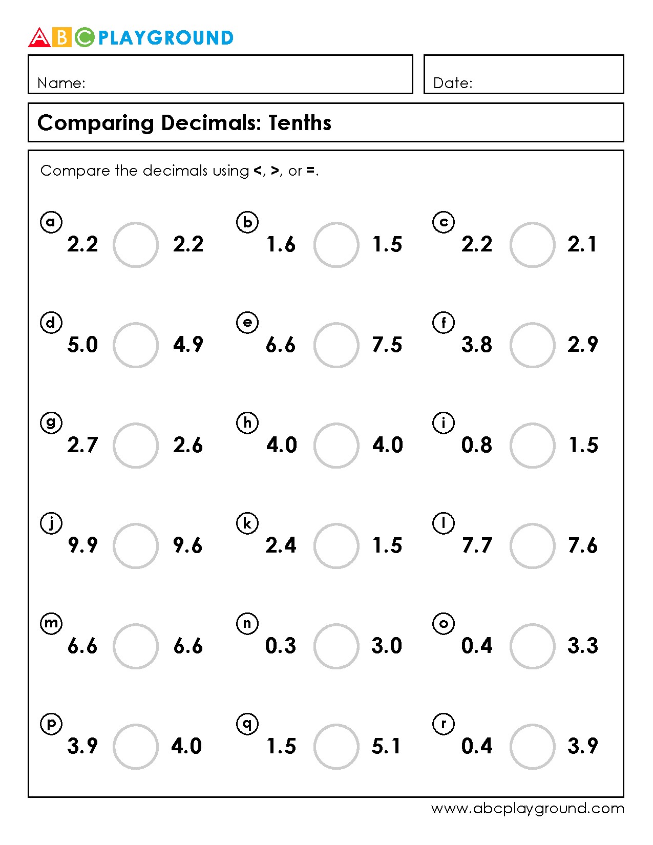 Comparing Decimals to the Tenths Place