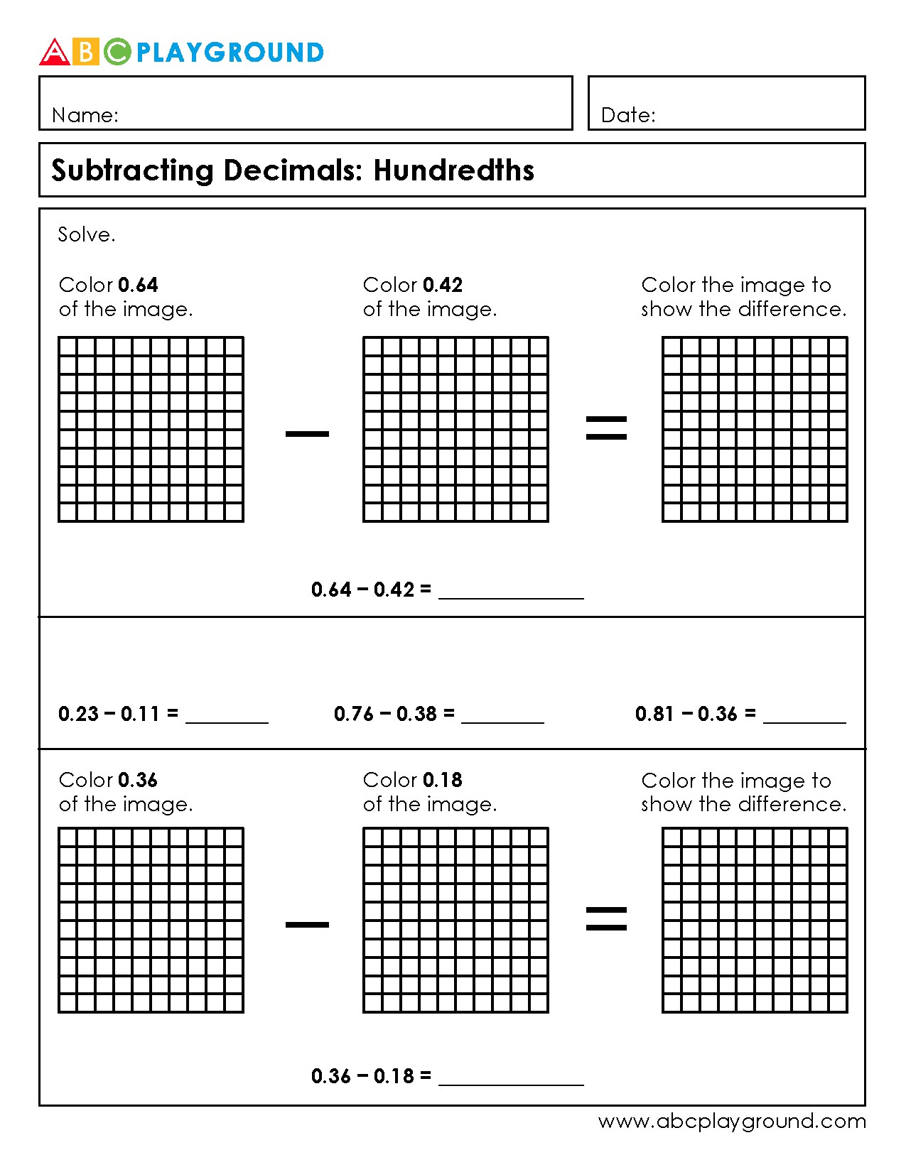 Subtracting Decimals Worksheet with Hundredths Visuals