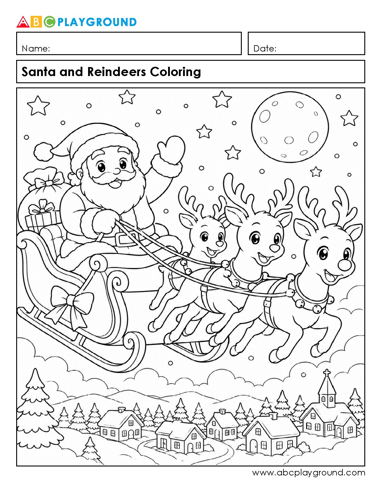 Santa and Reindeers Christmas Coloring Page