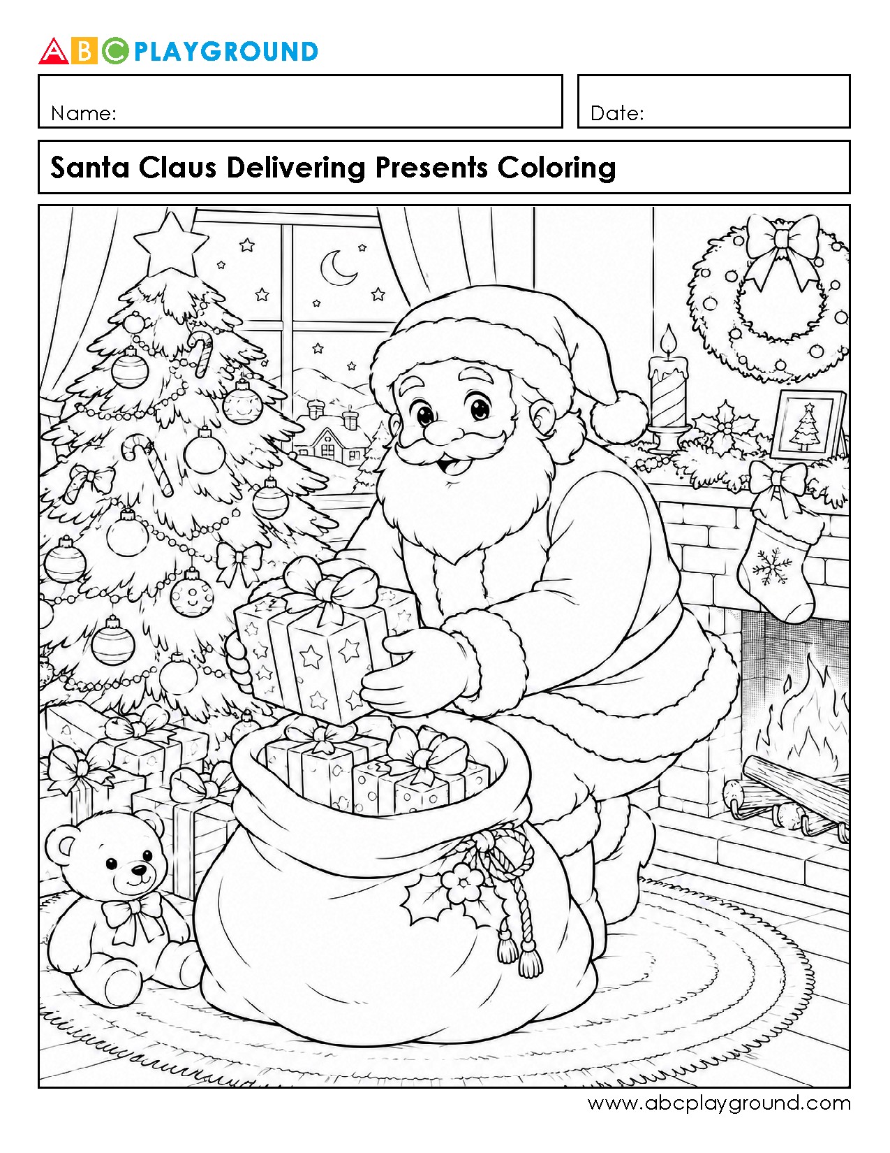 Santa Claus Delivering Presents Christmas Coloring Sheet