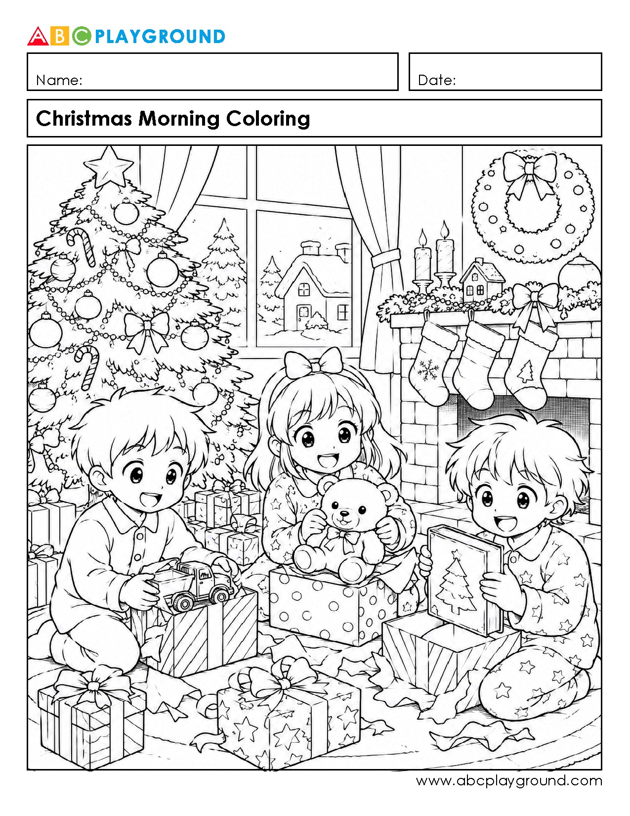 Christmas Morning Coloring Page with Festive Scene