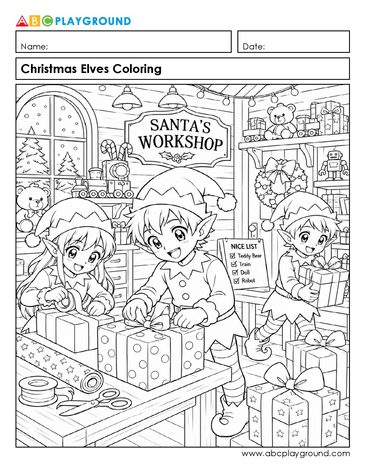 Christmas Elves Coloring Printable Worksheet