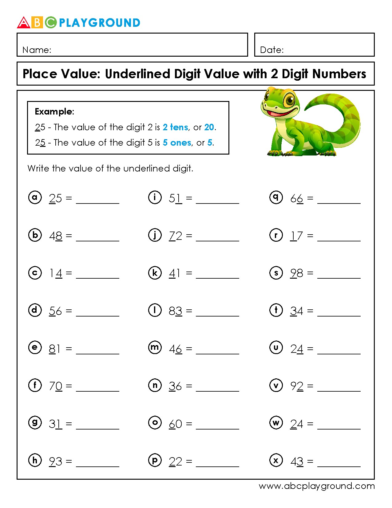 Place Value of Underlined Digits in Two-Digit Numbers