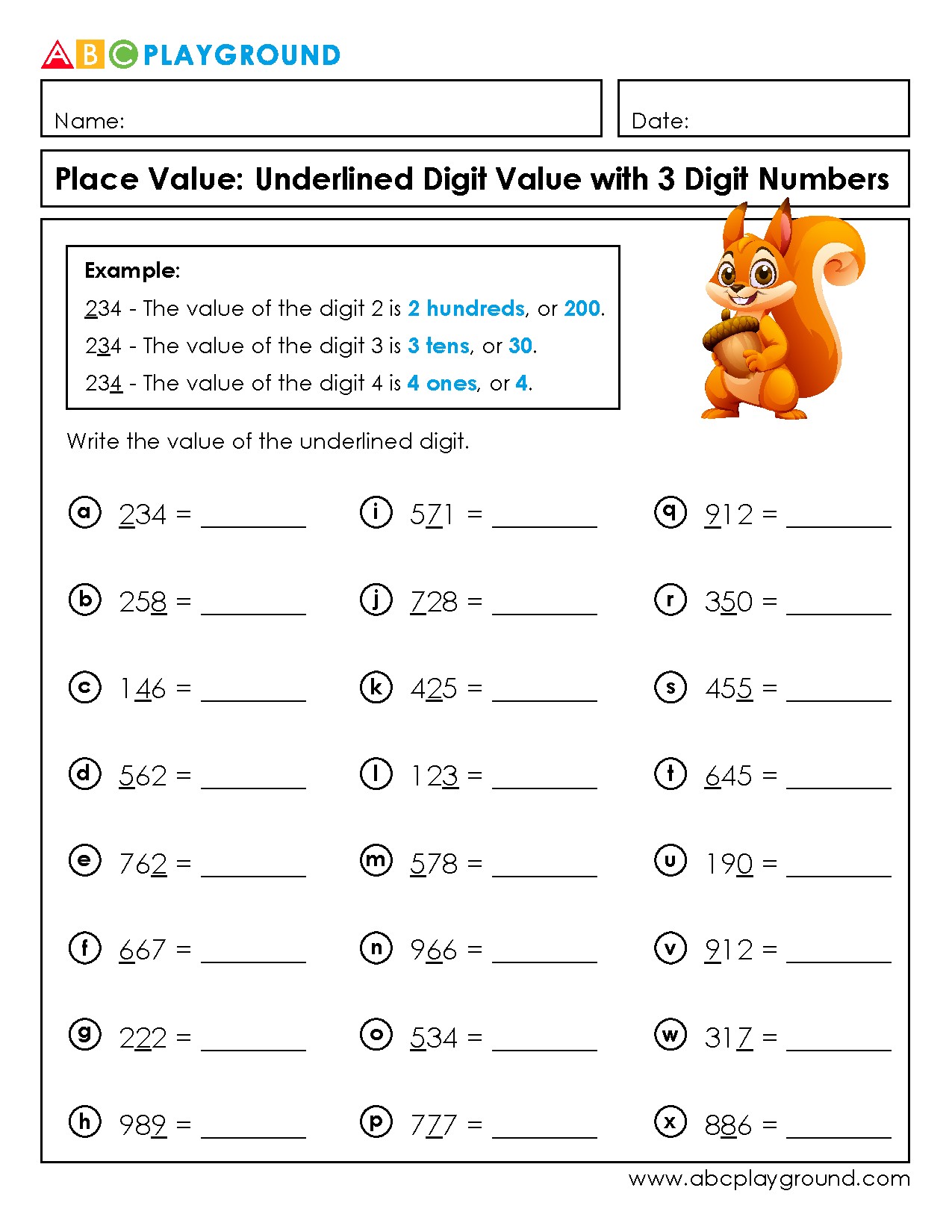 Place Value of Underlined Digits in 3-Digit Numbers
