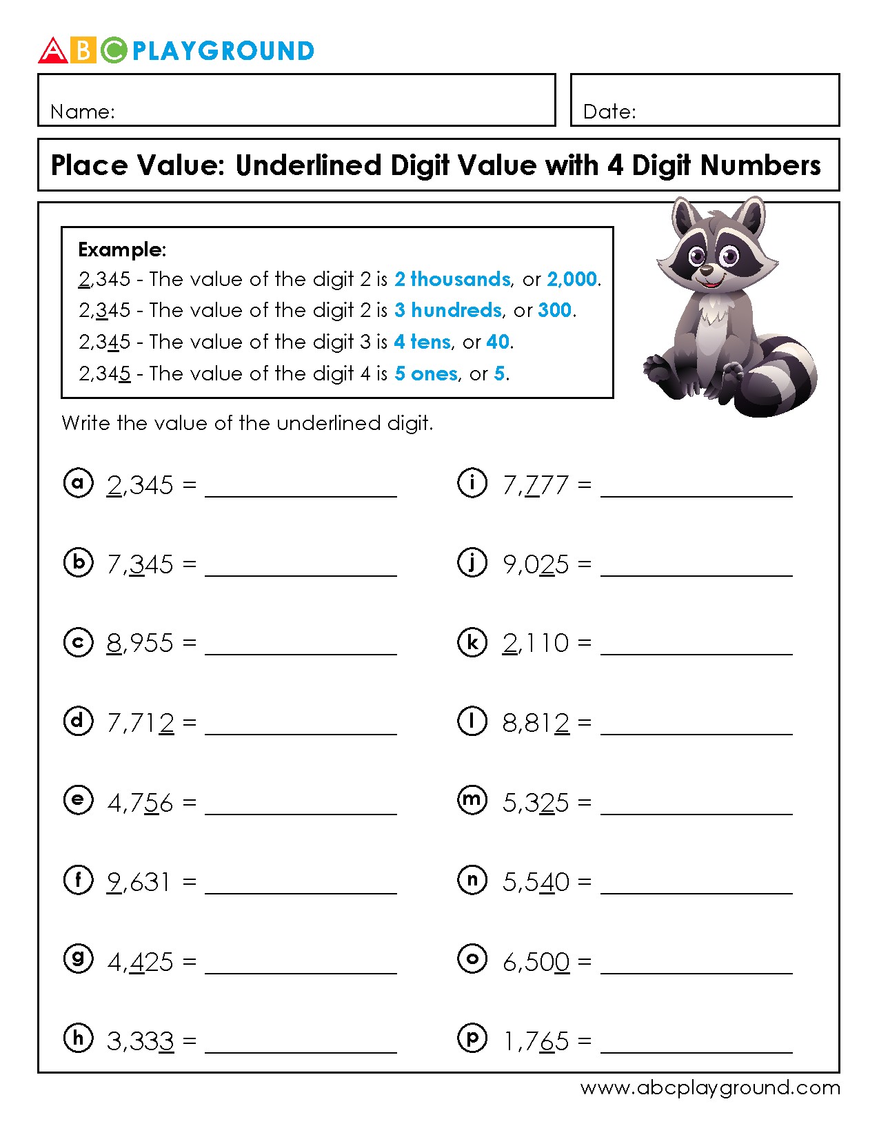 Place Value of Underlined Digits in 4-Digit Numbers