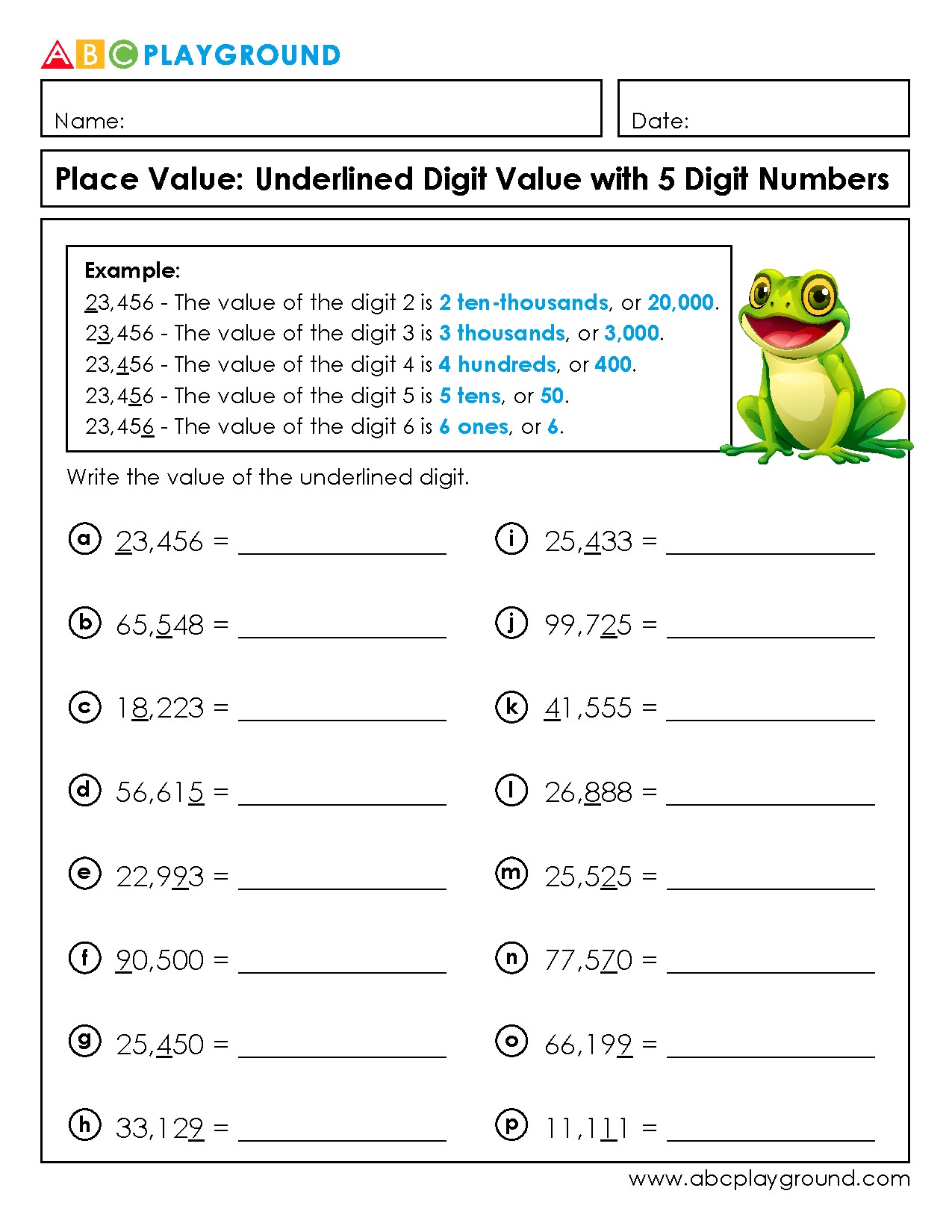 Place Value of Underlined Digits in 5-Digit Numbers Worksheet