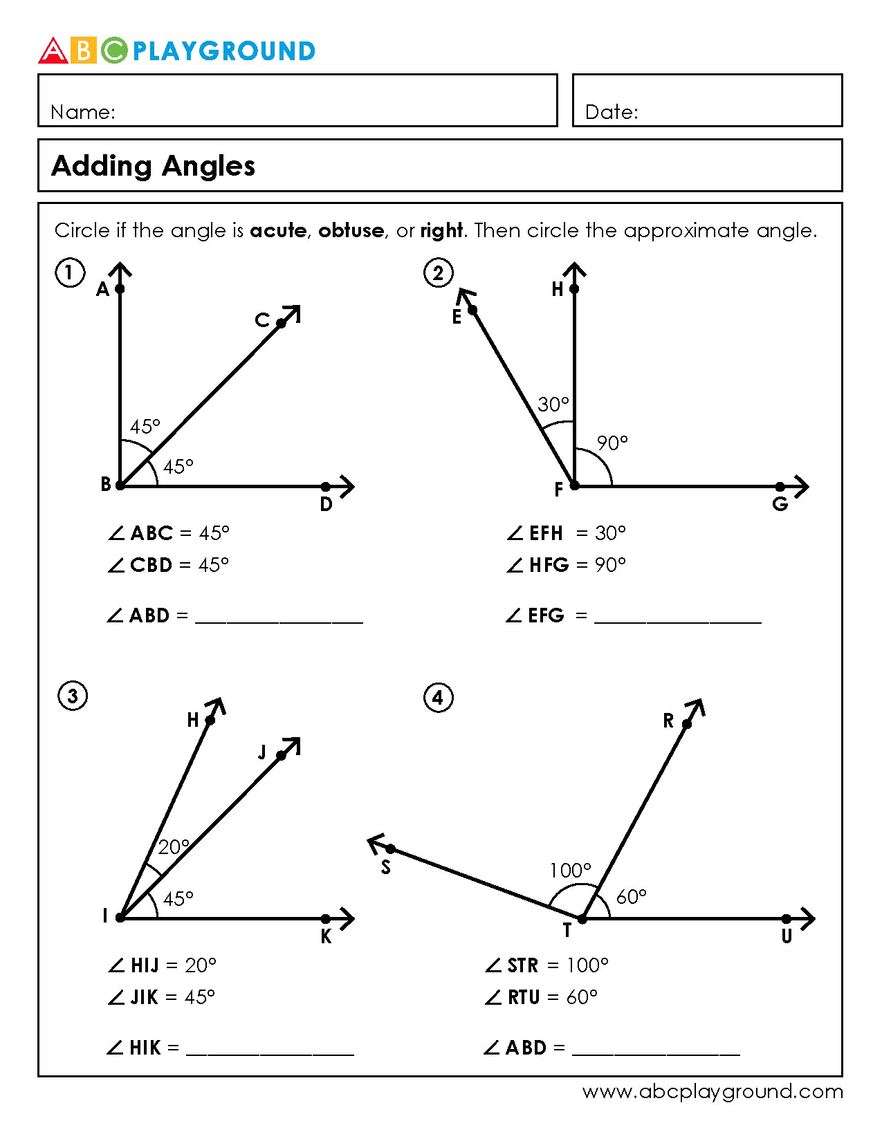 Adding Angles Practice: Identify and Sum Acute, Obtuse, and Right Angles