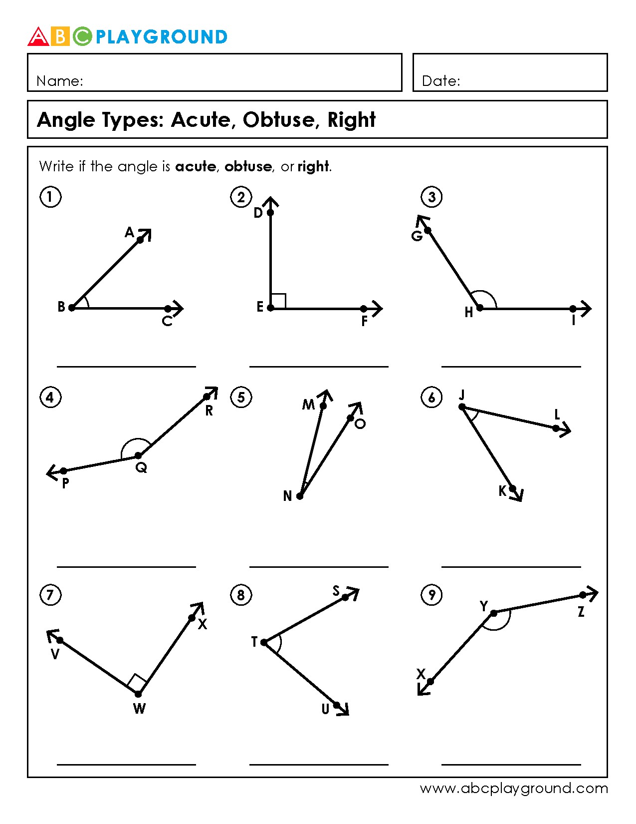 Identify Acute, Obtuse, and Right Angles Worksheet