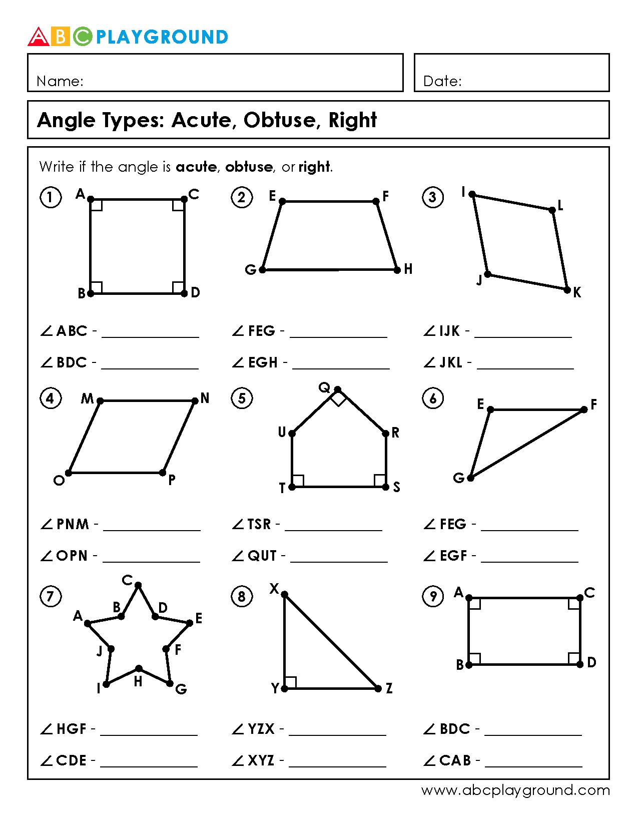 Identifying Acute, Obtuse, and Right Angles Worksheet