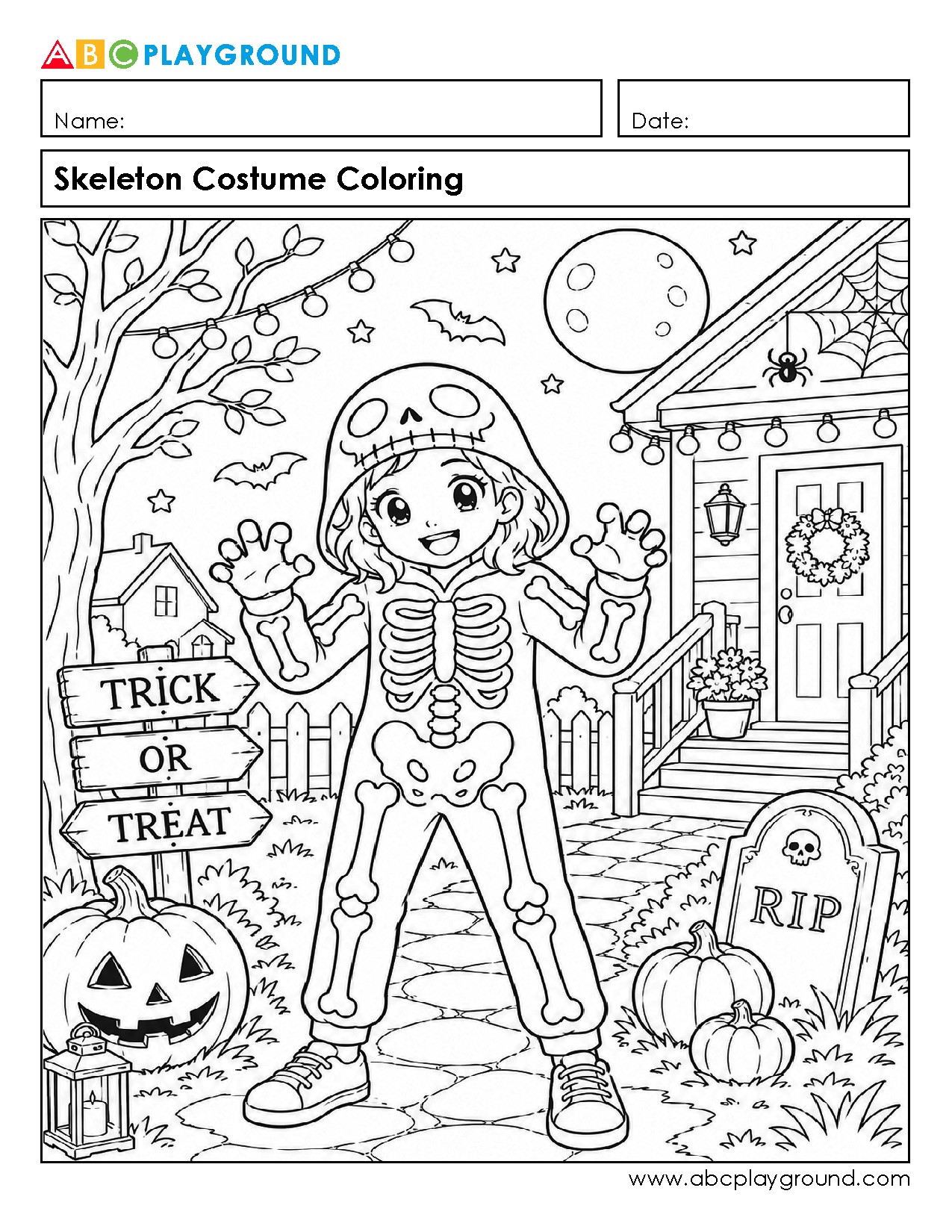 Skeleton Costume Coloring Page for Halloween Fun