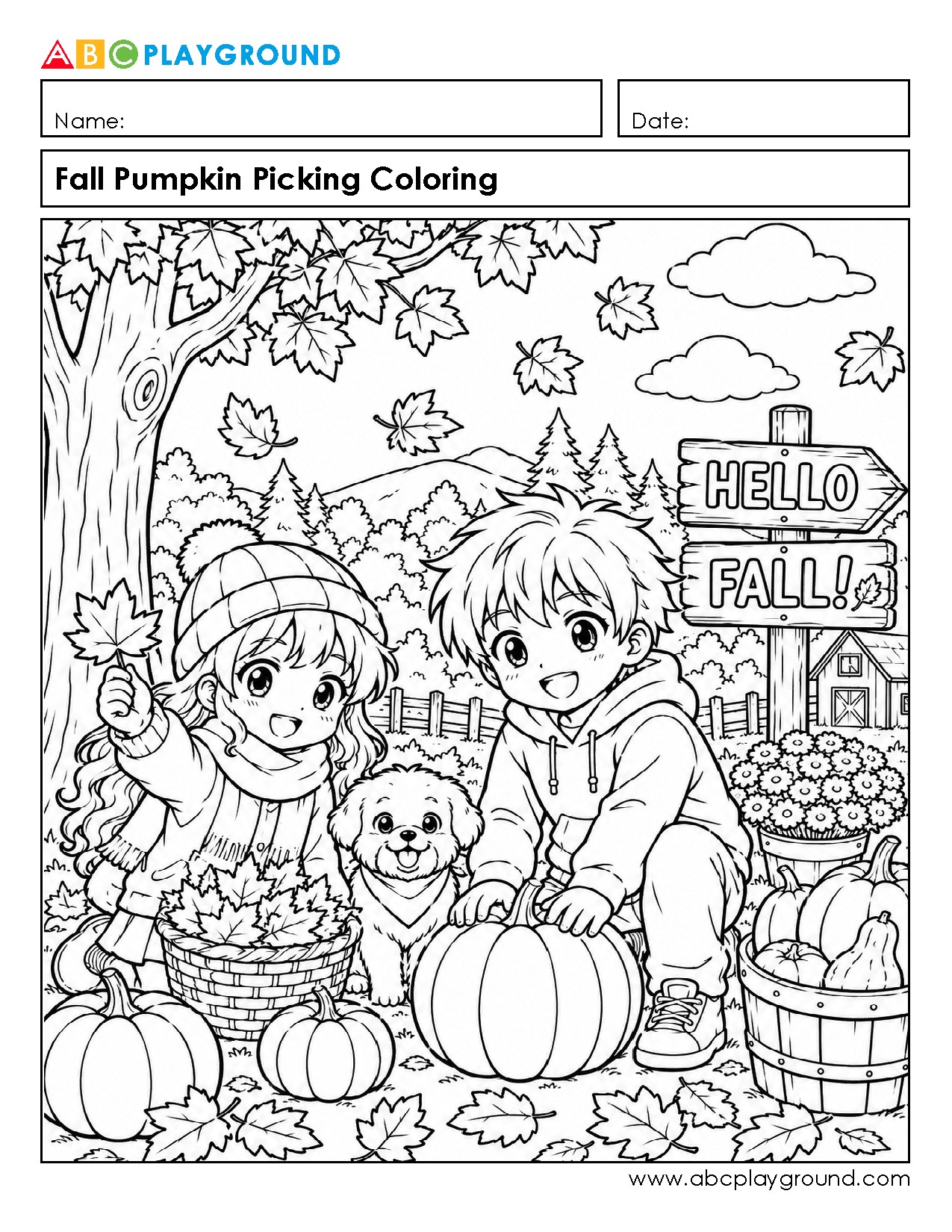 Fall Pumpkin Picking Coloring Page for Kids
