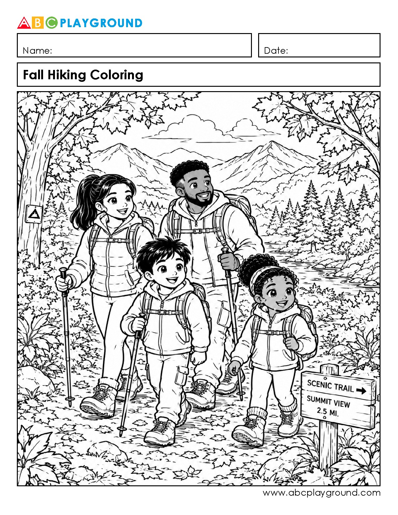 Fall Hiking Scene Coloring Page for Creative Play