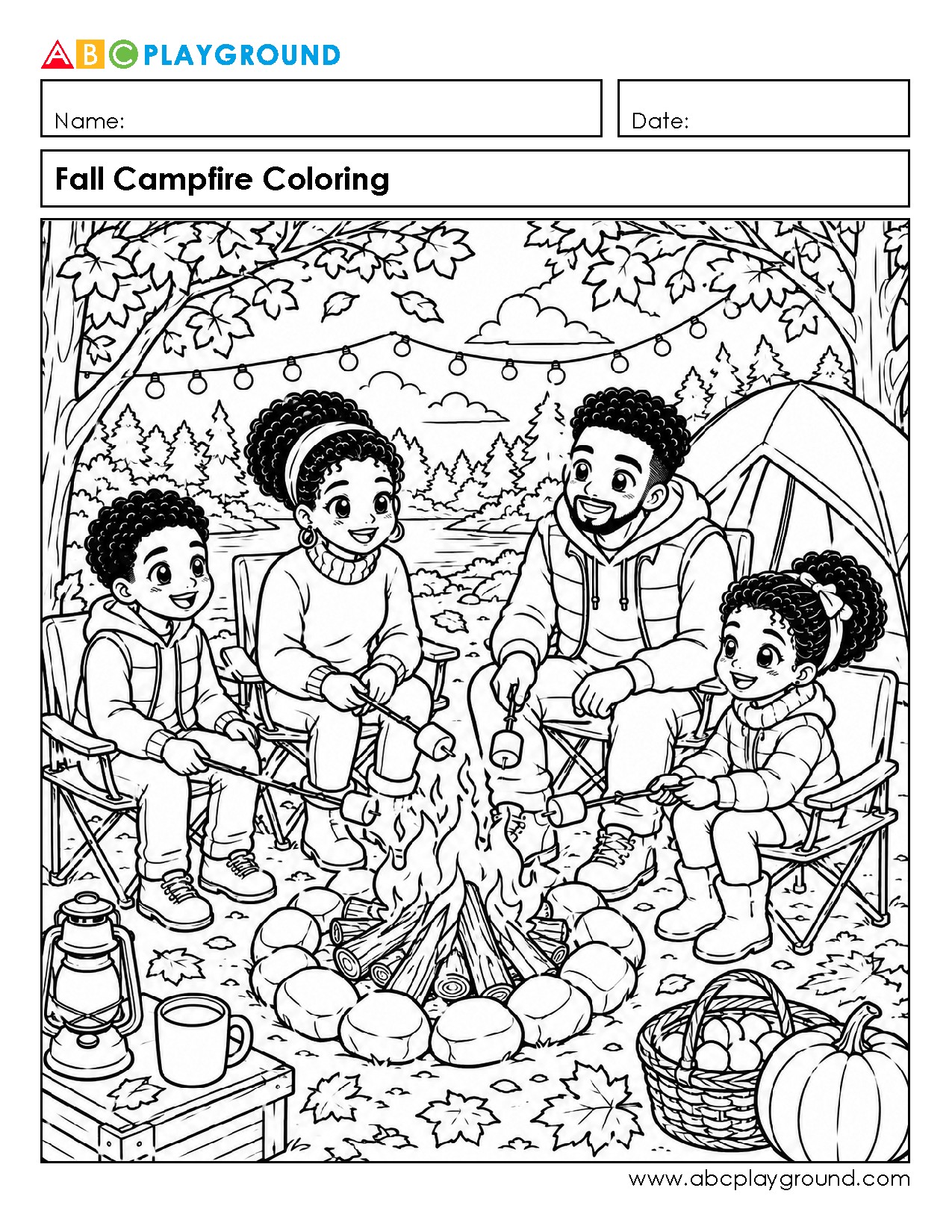 Autumn Campfire Scene Coloring Activity