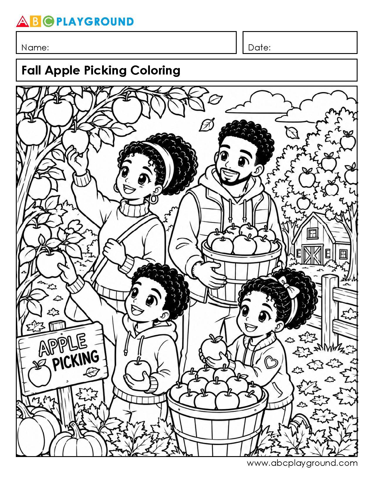 Fall Apple Picking Coloring Activity for Kids
