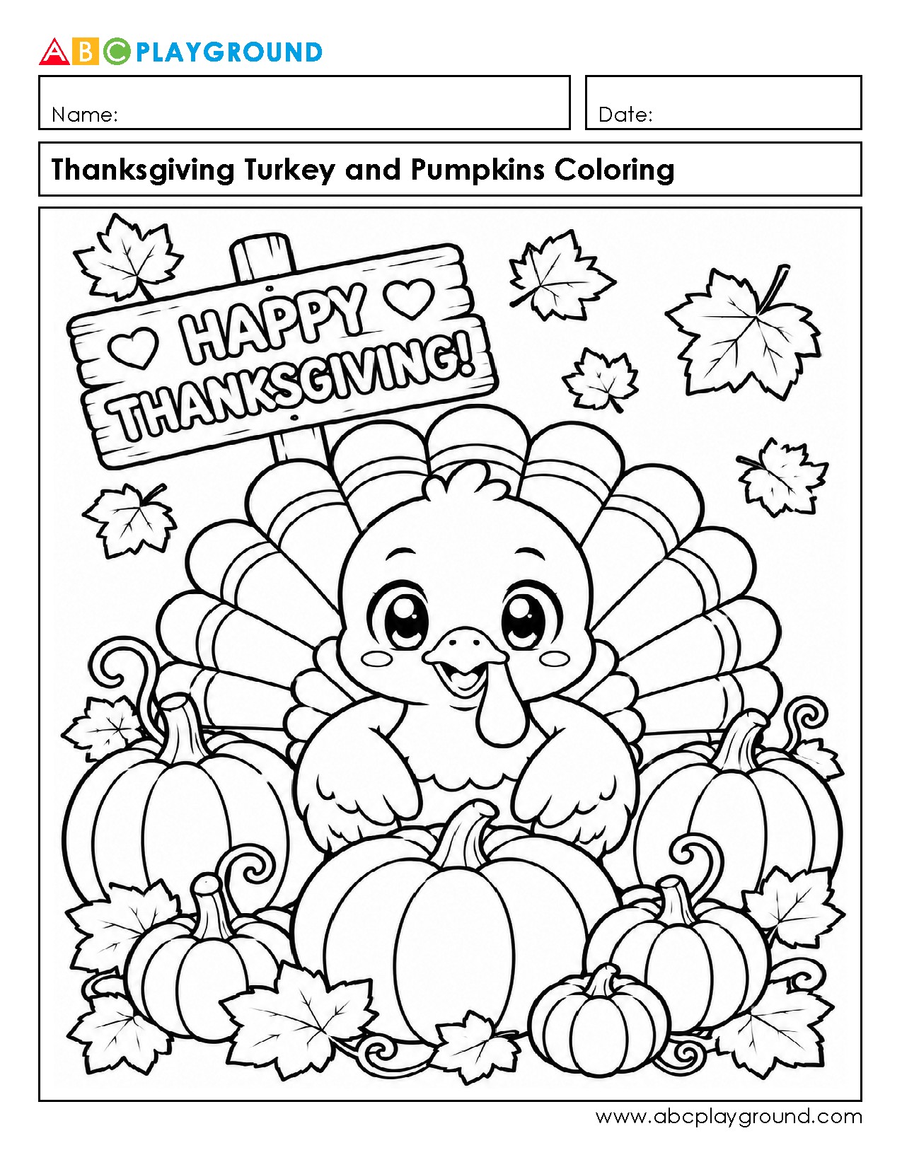 Thanksgiving Turkey and Pumpkins Coloring Page