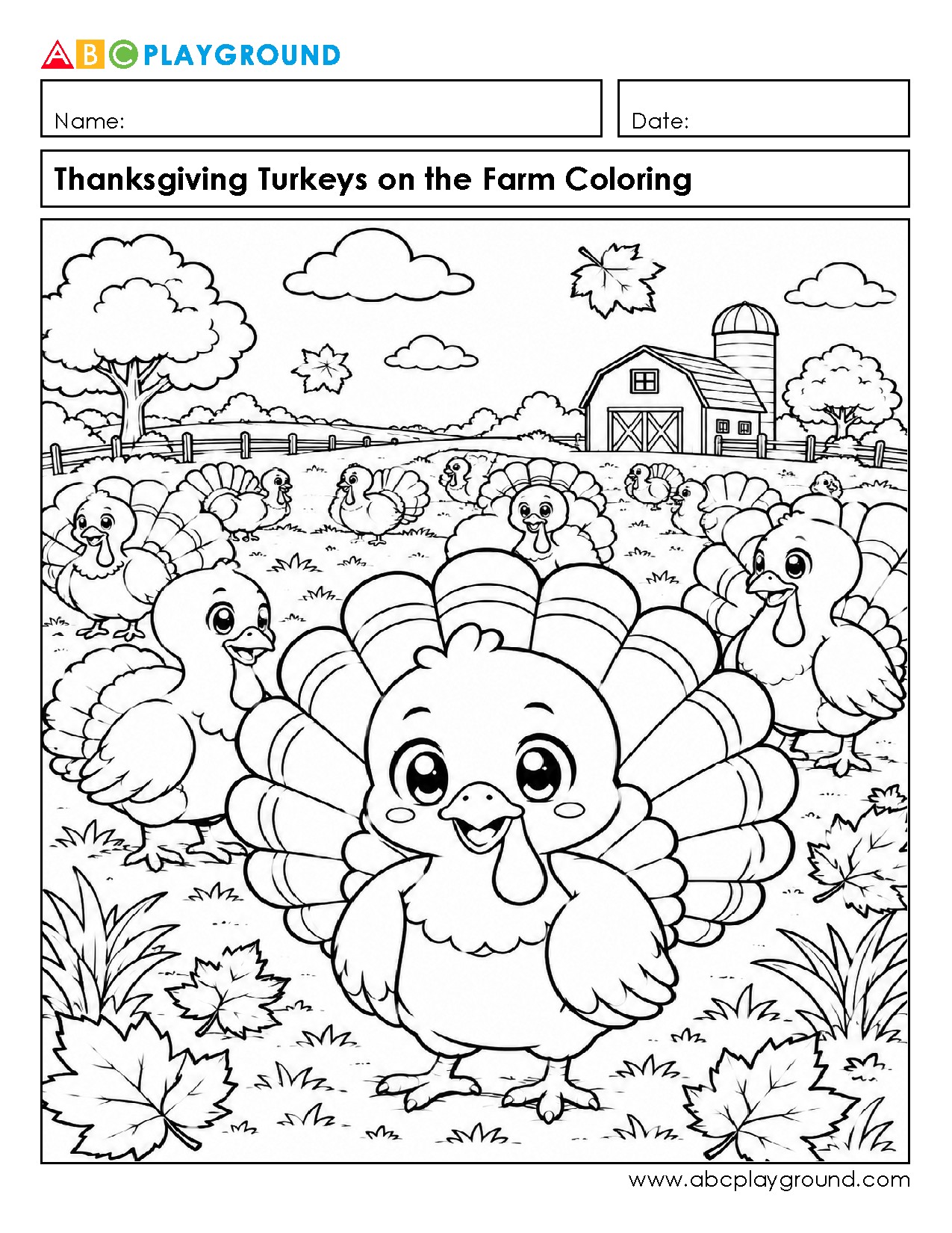 Thanksgiving Turkeys on the Farm Coloring Page