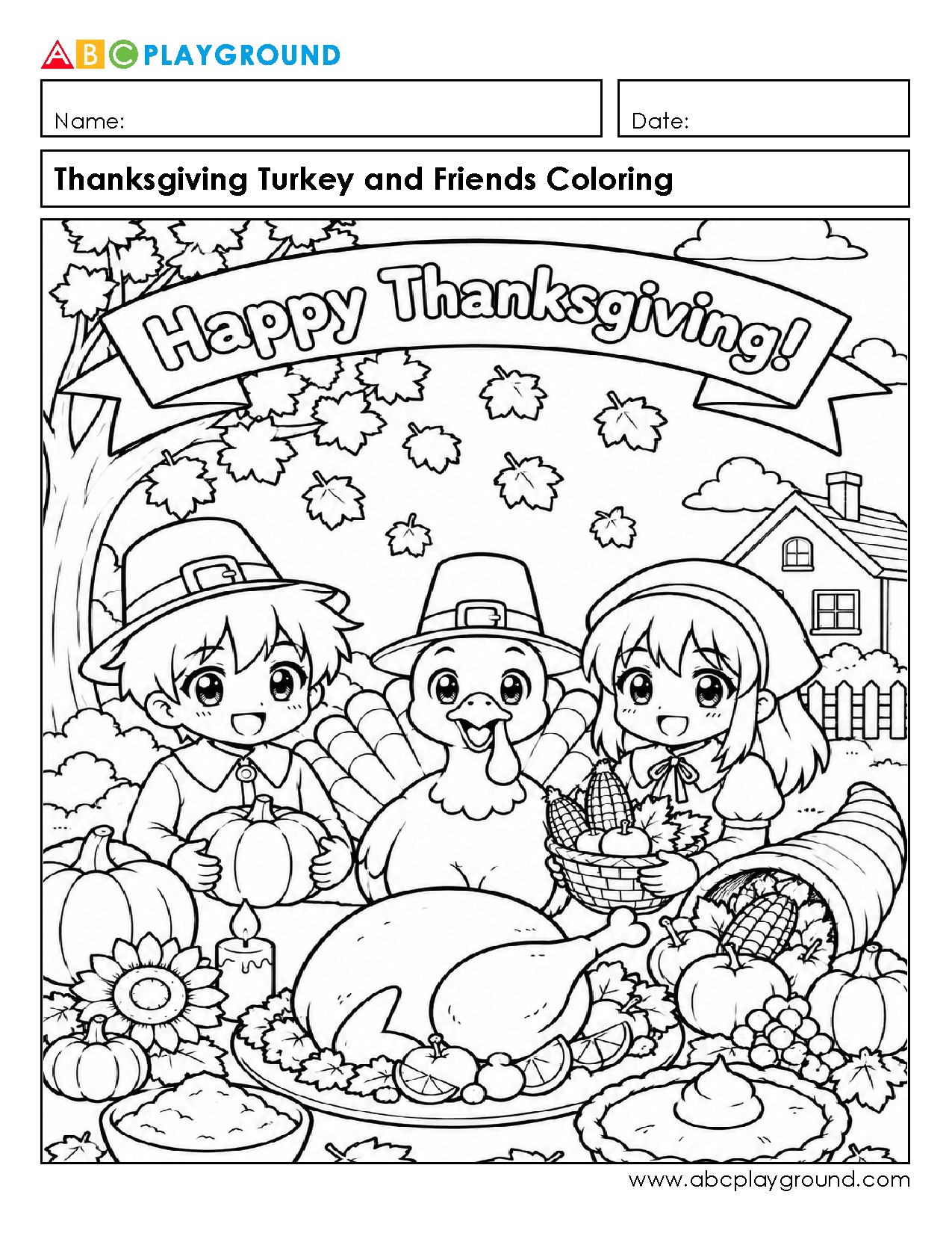 Thanksgiving Turkey and Friends Coloring Page Fun