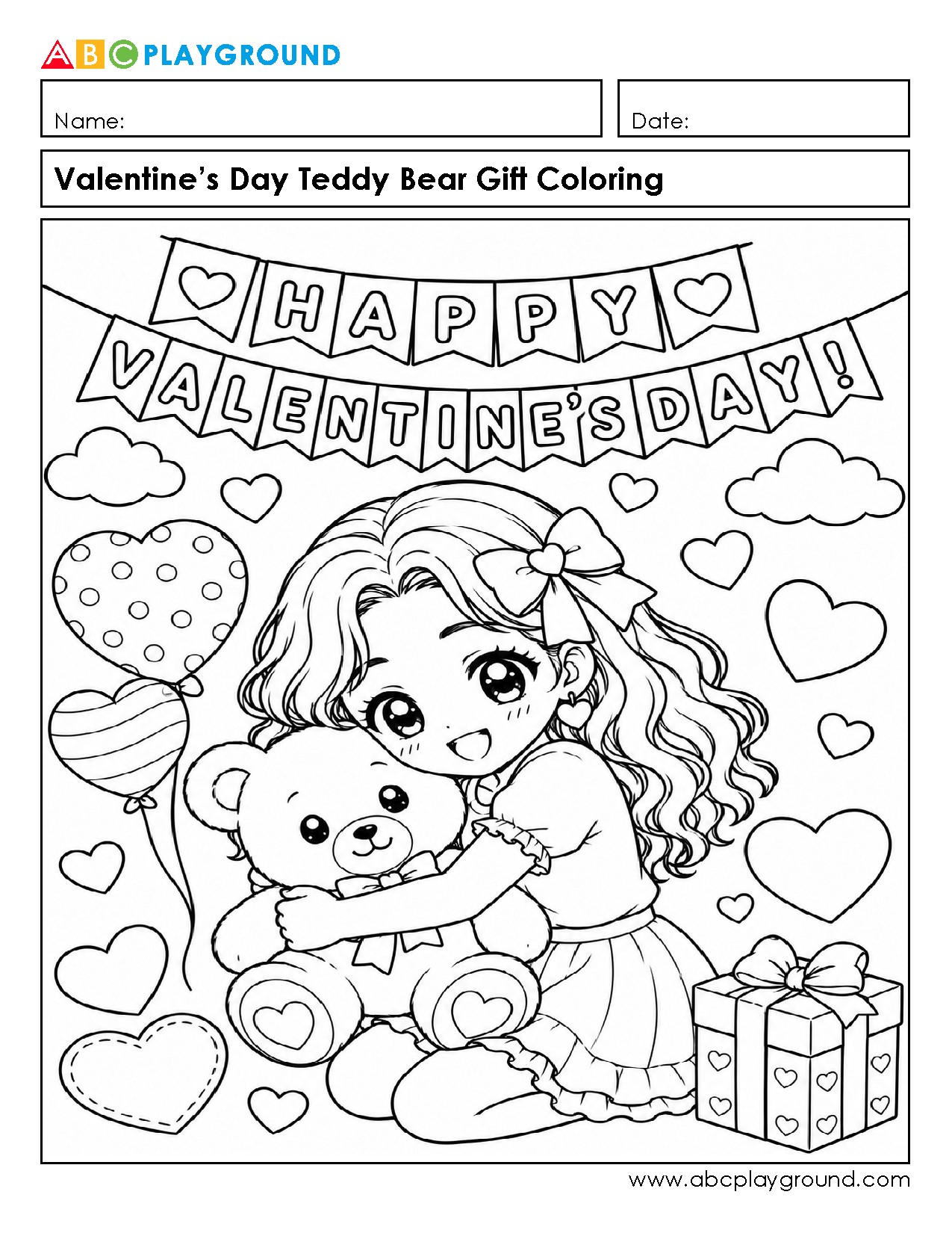 Valentine’s Day Teddy Bear Gift Coloring Page